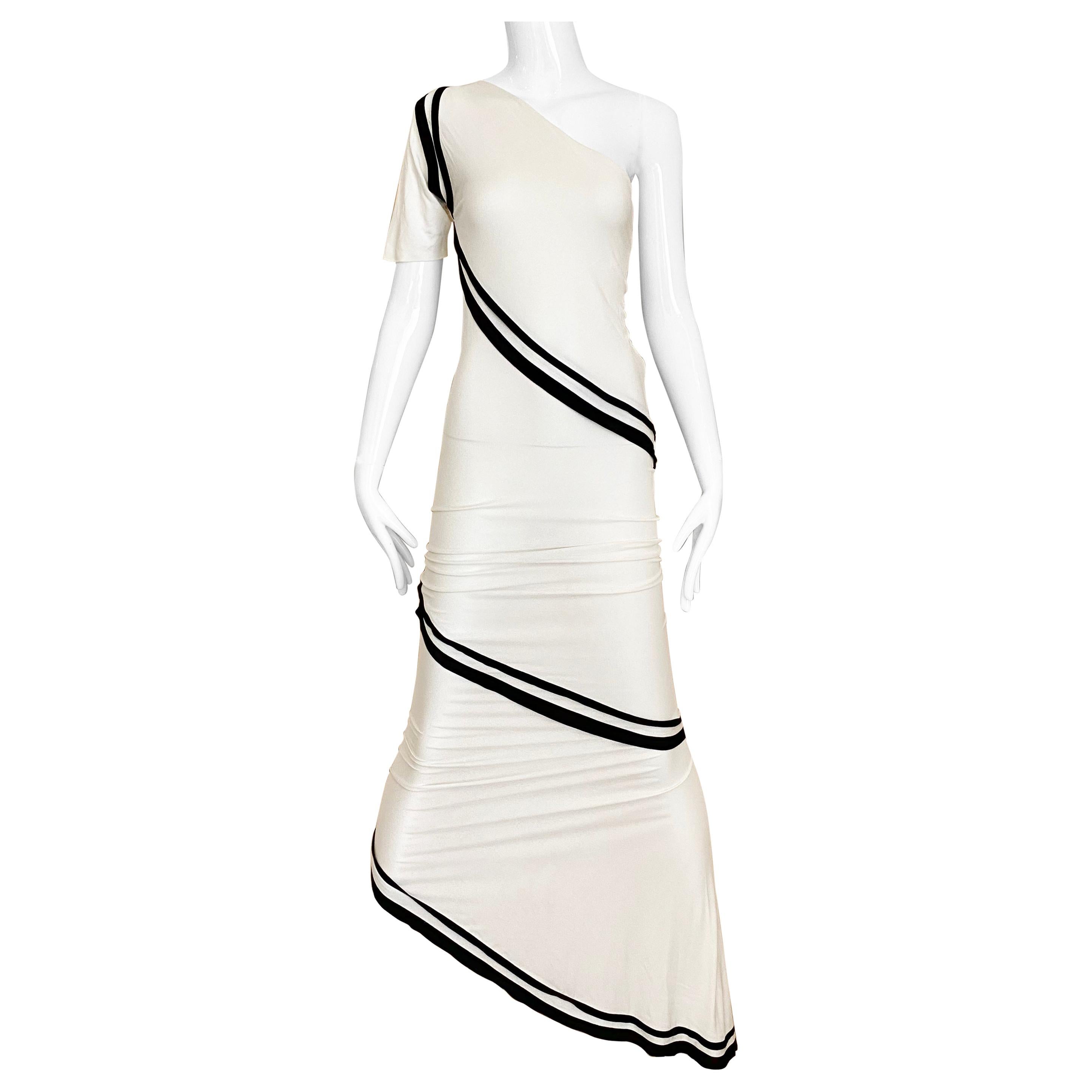 90s Gianfranco Ferre White and Black Knit One Shoulder Gown