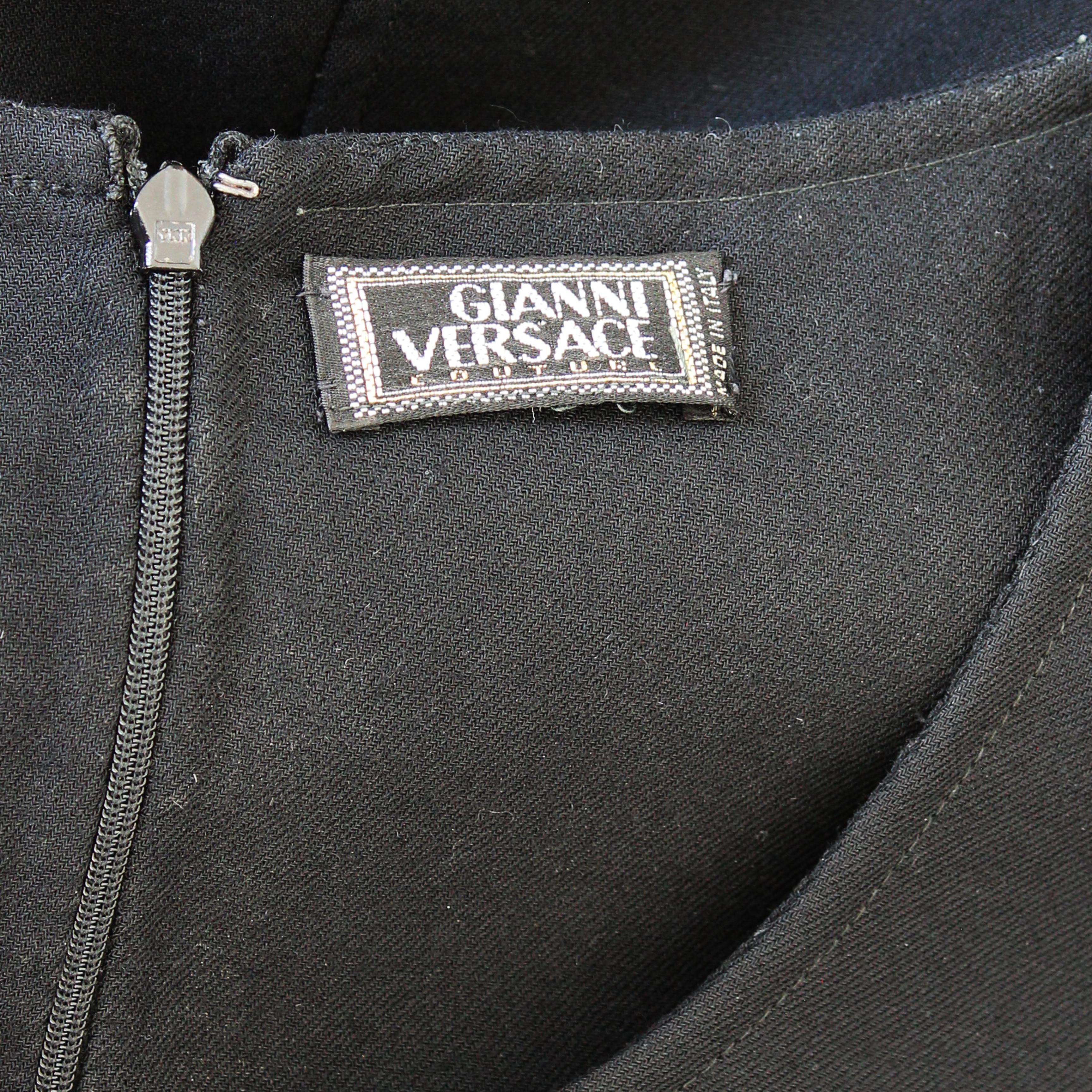 90s Gianni Versace Couture Dress Jumper Black Wool Blend Cinch Waist LBD Vintage For Sale 2