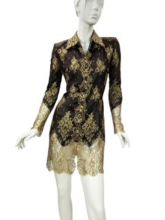 90's Gianni Versace Couture Vintage Gold Lace Over Tulle Button-Up Mini Dress 42