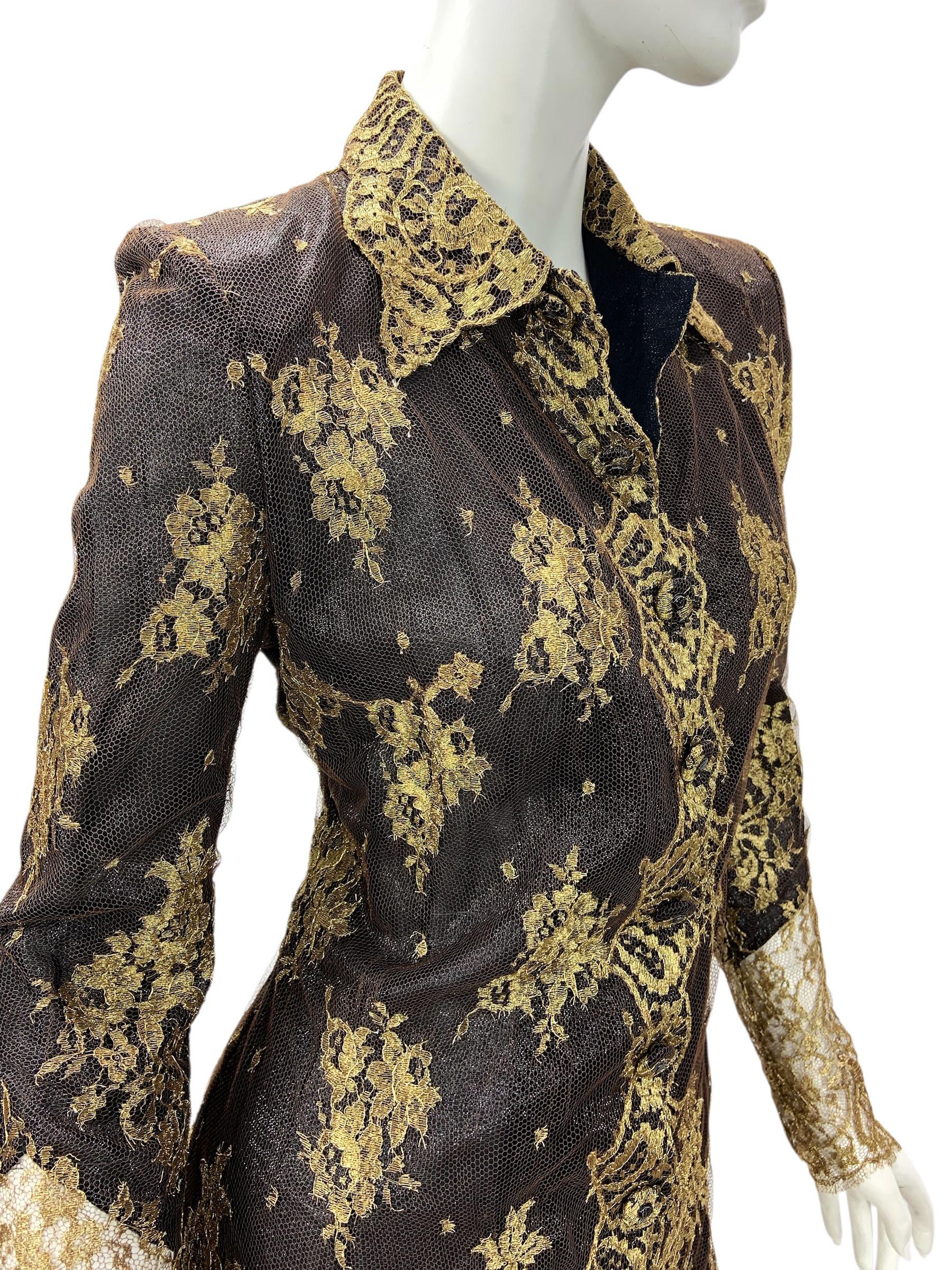 Gianni Versace Couture anni '90 - Mini abito vintage in pizzo dorato e tulle con bottoni 42 in vendita 2