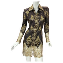 Gianni Versace Couture anni '90 - Mini abito vintage in pizzo dorato e tulle con bottoni 42