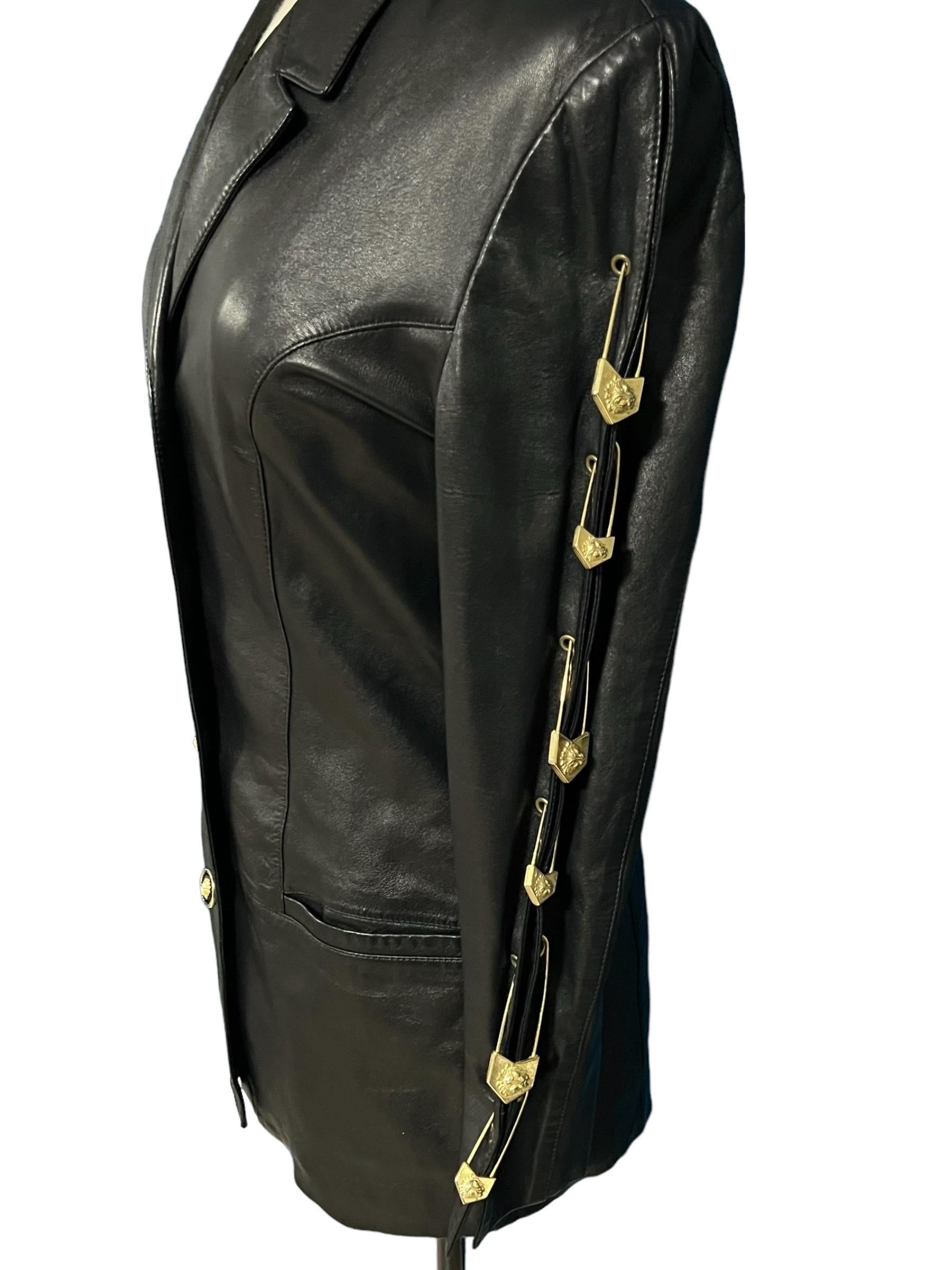 Women's Gianni Versace Versus 90's Vintage Black Leather Safety Pin Jacket