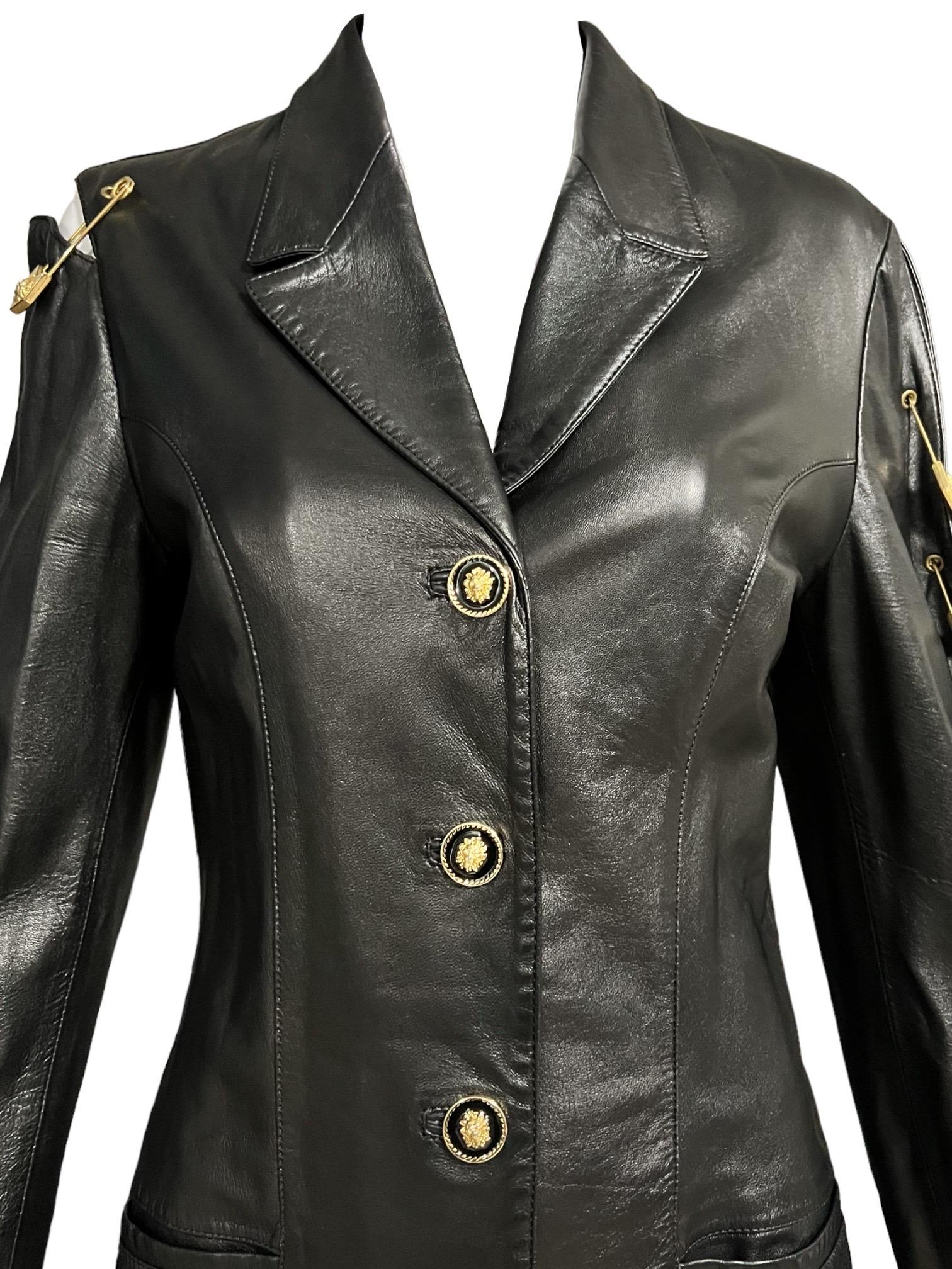 Gianni Versace Versus 90's Vintage Black Leather Safety Pin Jacket 1