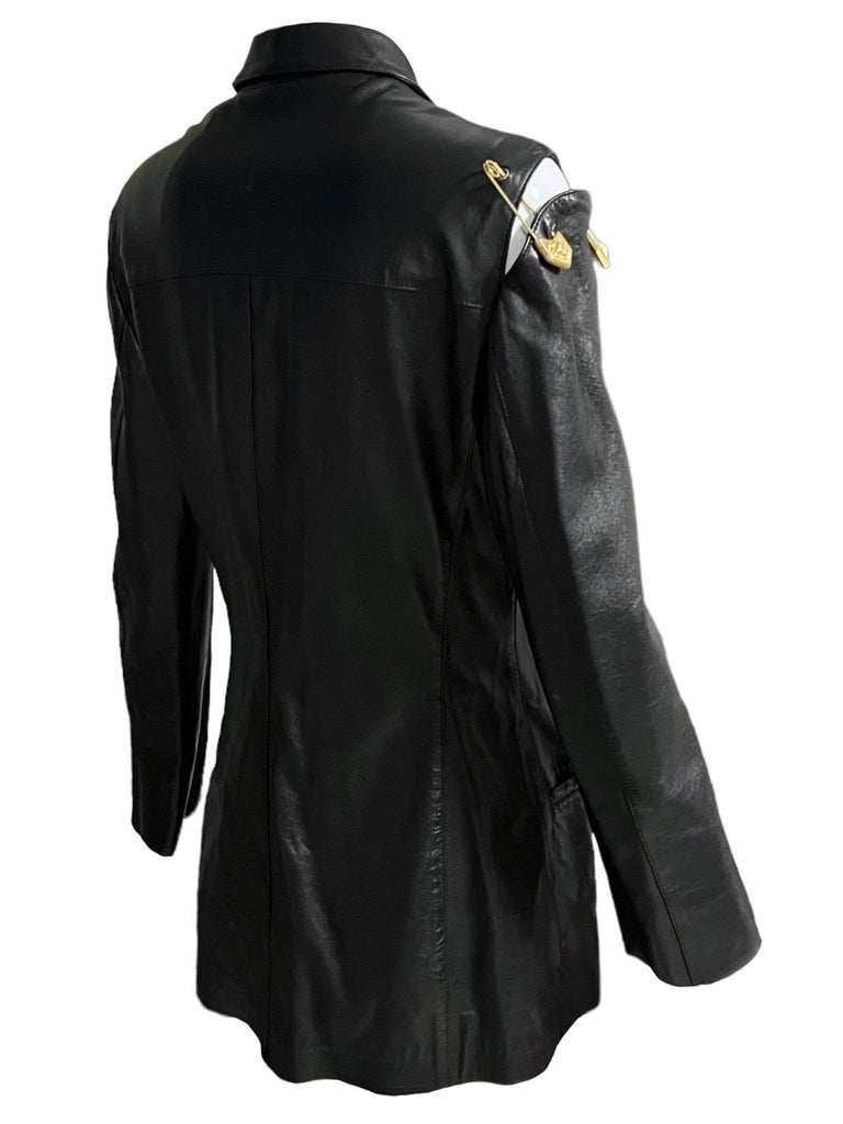 Gianni Versace Versus 90's Vintage Black Leather Safety Pin Jacket For