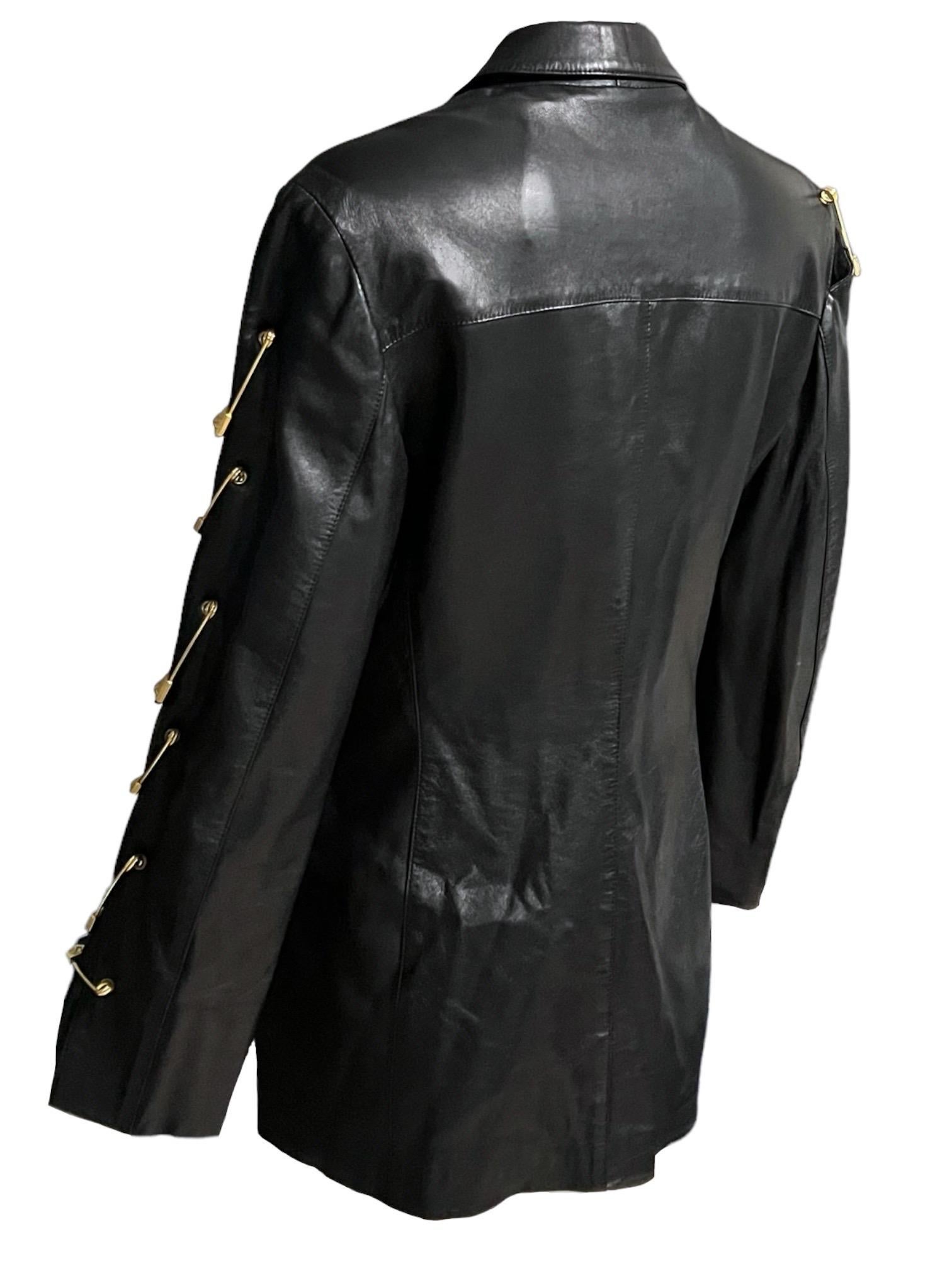 Gianni Versace Versus 90's Vintage Black Leather Safety Pin Jacket 3