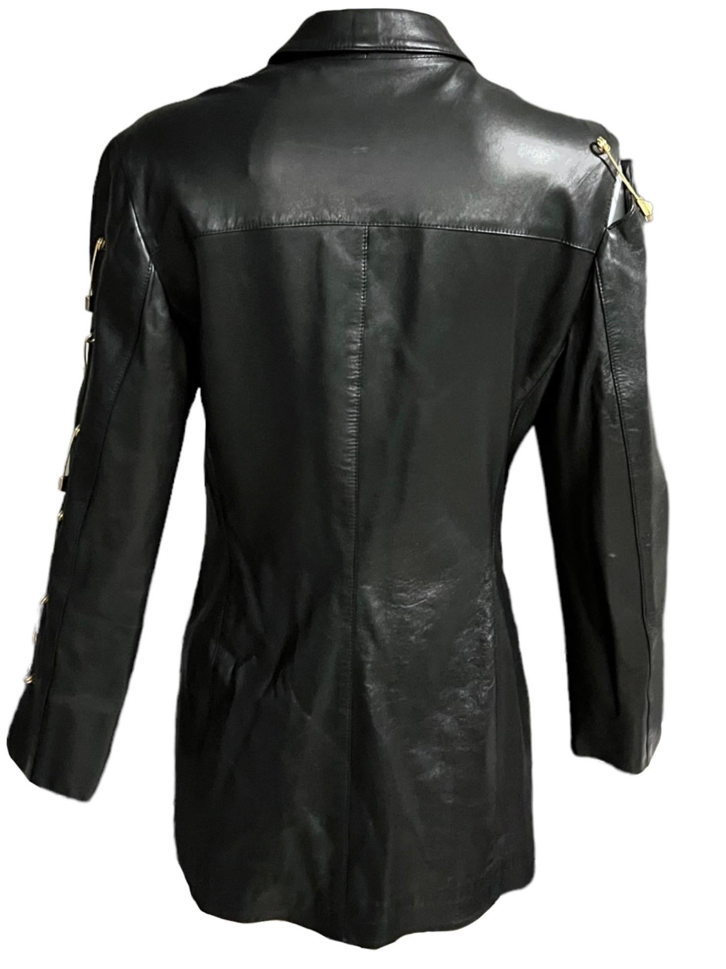 Gianni Versace Versus 90's Vintage Black Leather Safety Pin Jacket 4