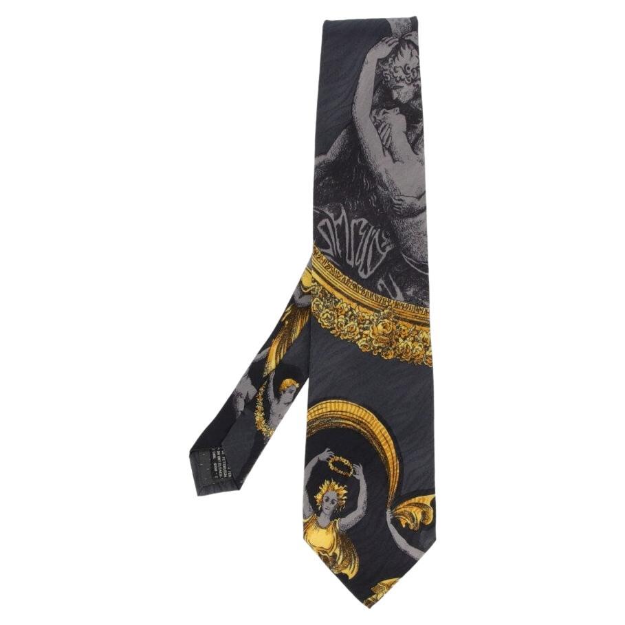 90s Gianni Versace Vintage dark gray silk tie with iconic yellow print For Sale