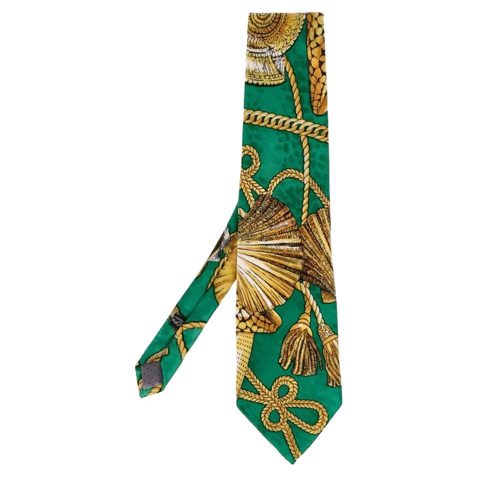 90s Gianni Versace Vintage green silk tie with yellow and black baroque print For Sale