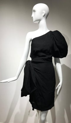 1990s Givenchy Black Silk Matelasse One shoulder Cocktail Dress
