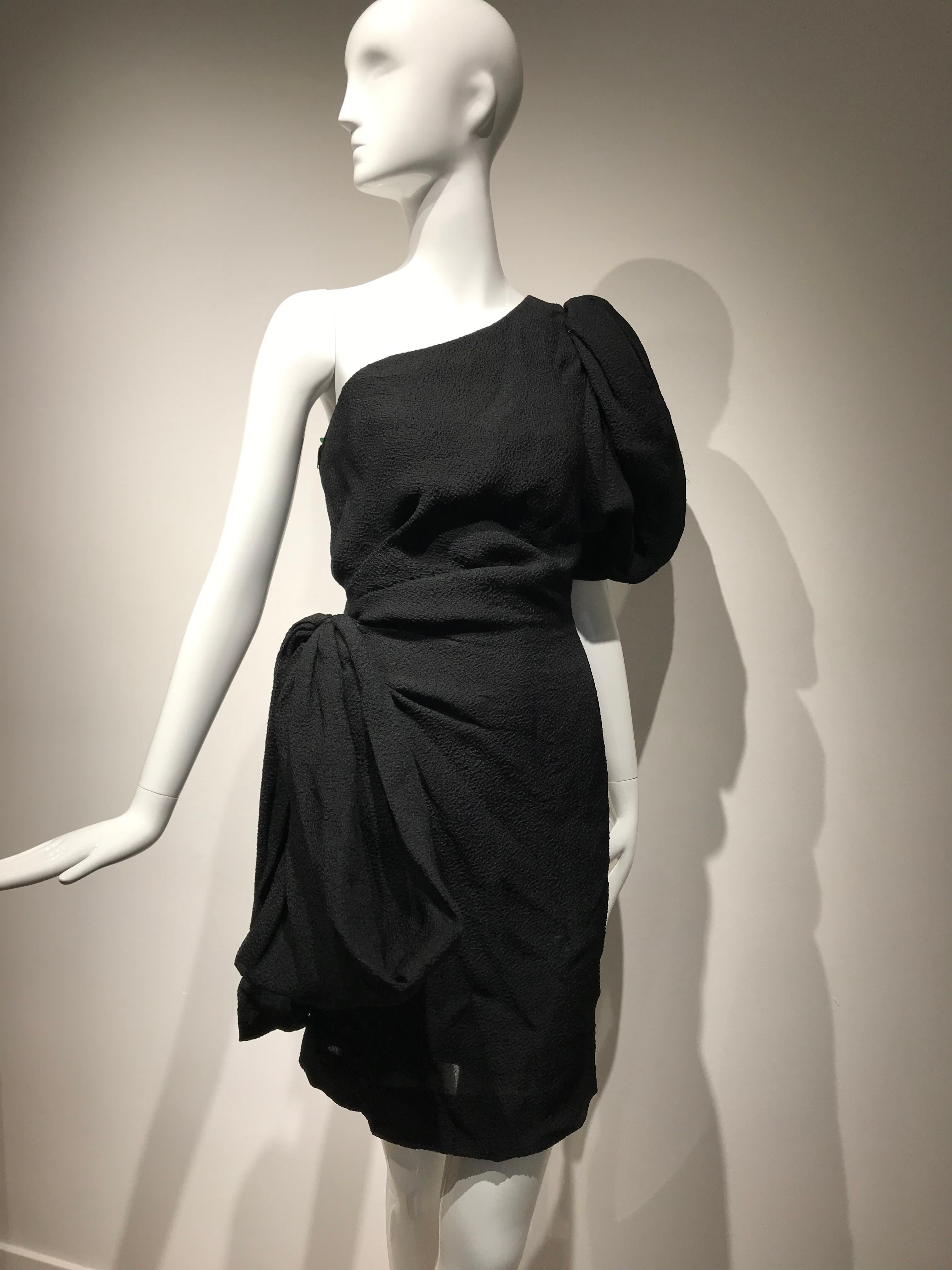 1990s Givenchy Black Silk Matelasse One shoulder Cocktail Dress  3