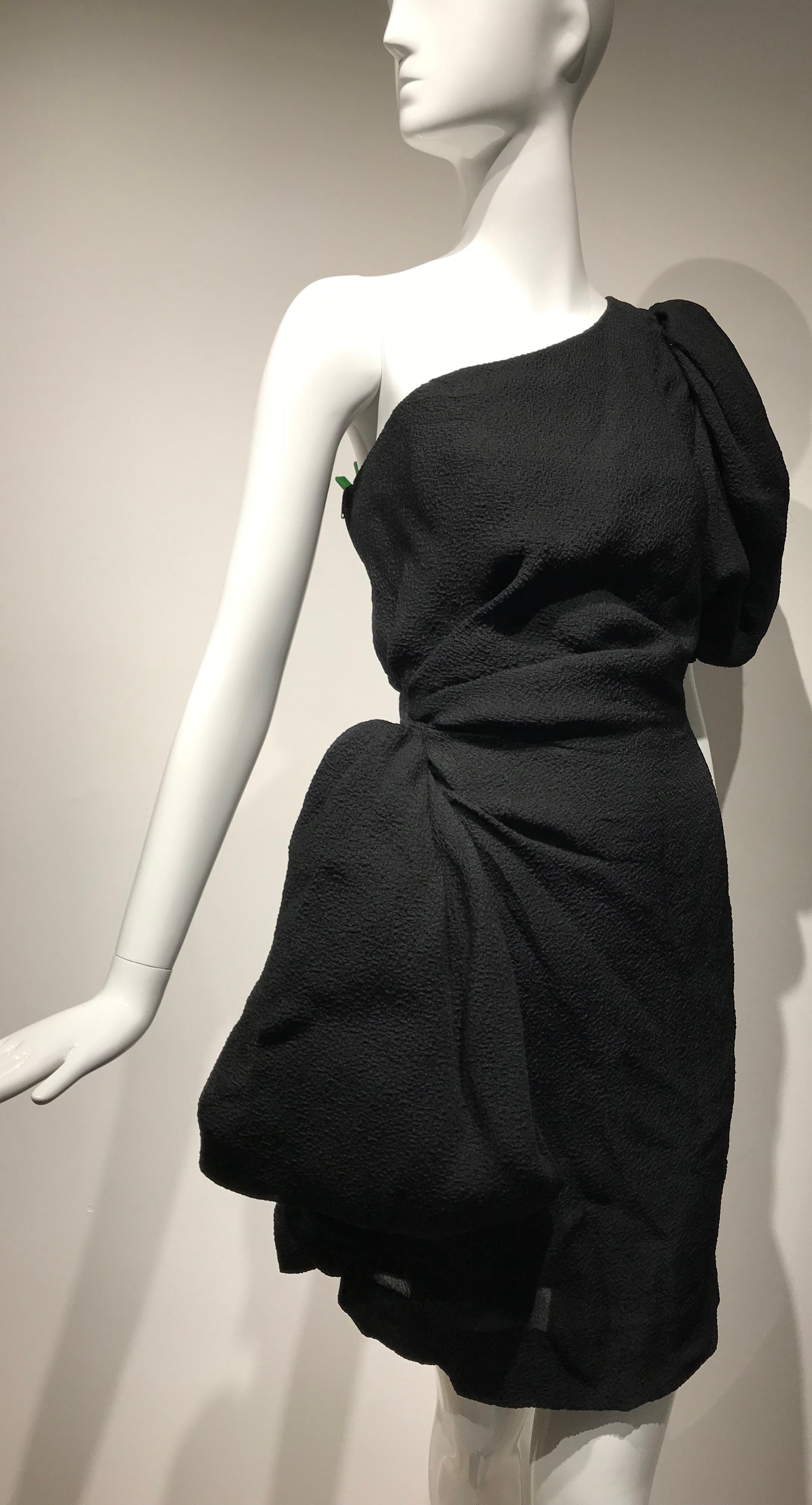 1990s Givenchy Black Silk Matelasse One shoulder Cocktail Dress  4