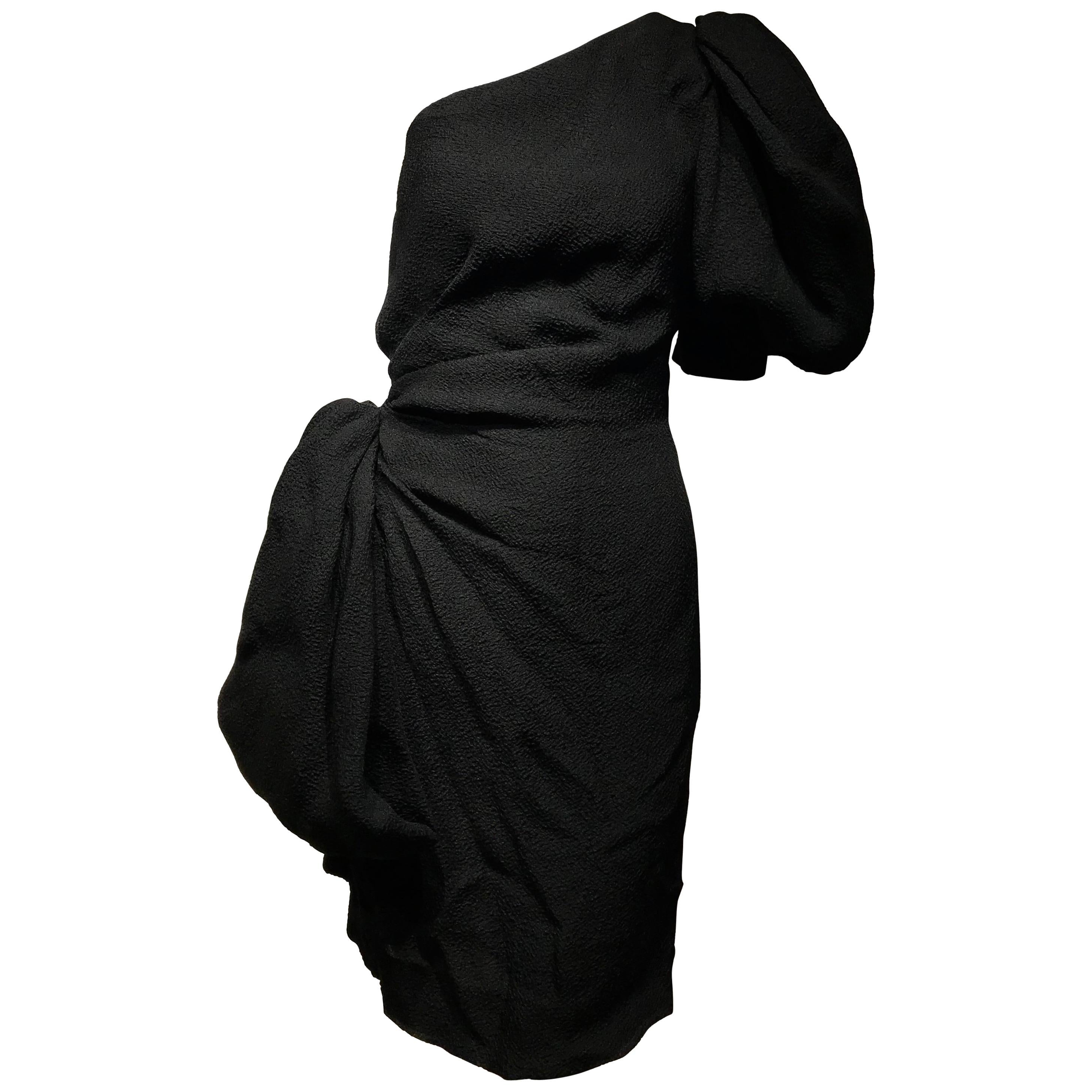 1990s Givenchy Black Silk Matelasse One shoulder Cocktail Dress 