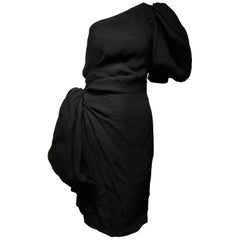 Vintage 1990s Givenchy Black Silk Matelasse One shoulder Cocktail Dress 