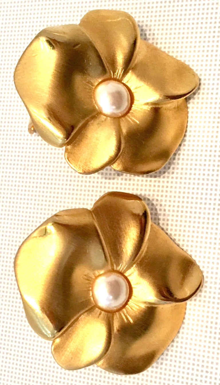 90'S Givenchy Brushed Gold Plate and Faux Pearl Flower Earrings For Sale at 1stdibs