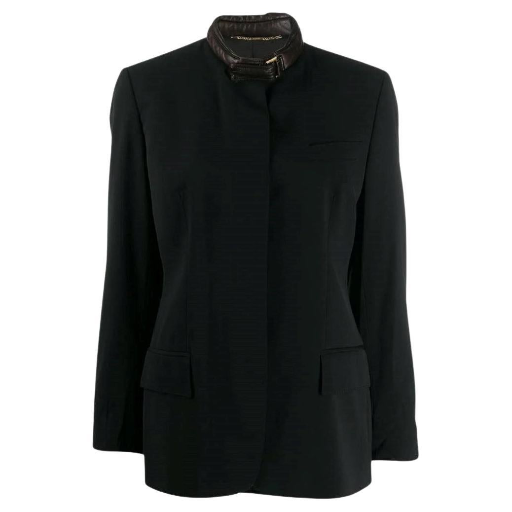 90s Gucci Vintage black wool fitted jacket with leather mandarin collar