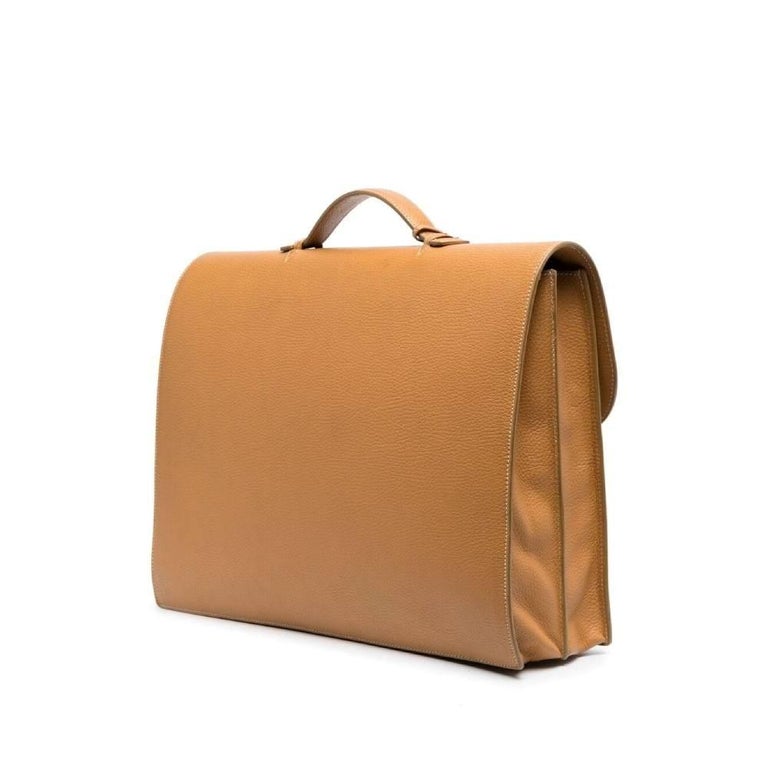 90s Hermès Vintage dark sand leather rectangular briefcase For Sale at