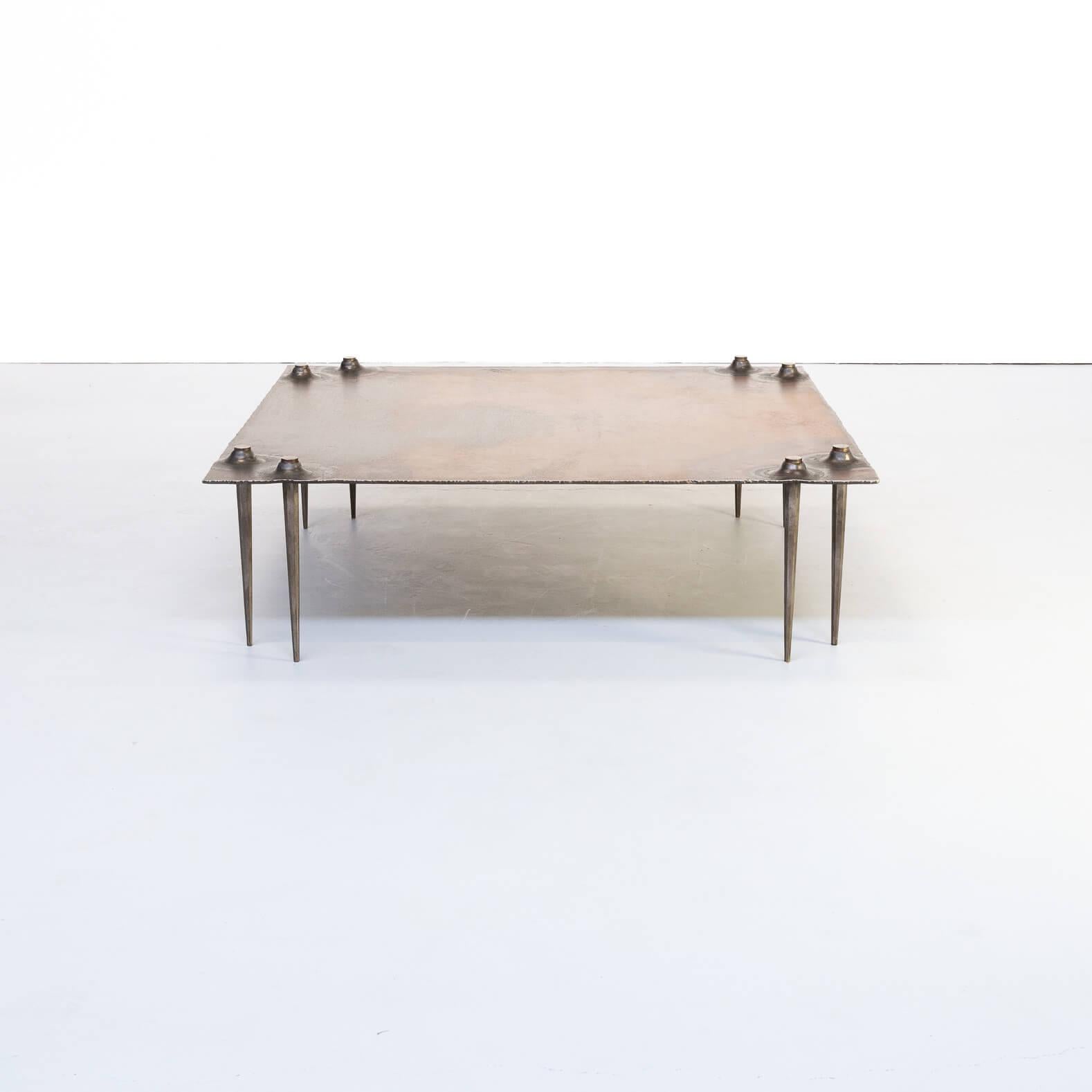 1990s Brutalist coffee table by Idir Mecibah (1958-2013), produced by Smederij Moerman 1998. This solid steel table is from the scrab series. Mecibah designed the scrab series in the late 1980s and the table has been produced till the end of the