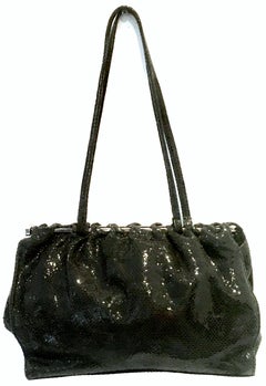 90'S Italian Jet Black & Chrome Hand Bag By, Carla Mancini