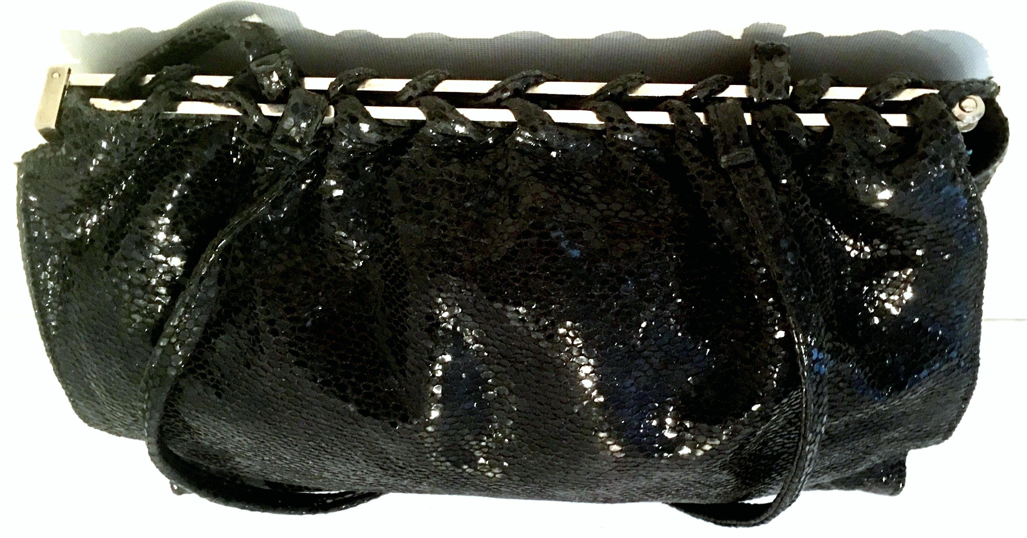Women's or Men's 90'S Italian Jet Black & Chrome Hand Bag By, Carla Mancini For Sale