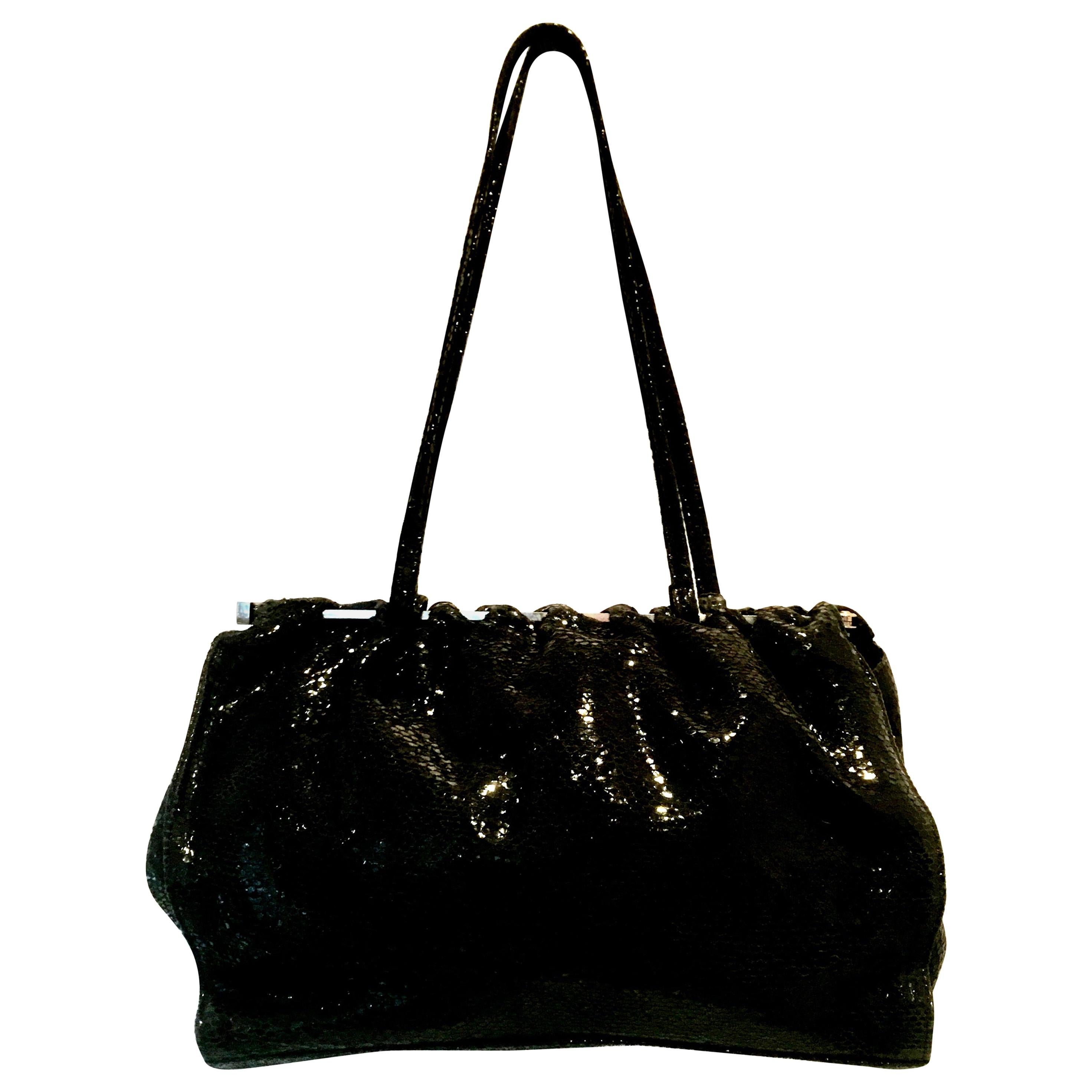 90'S Italian Jet Black & Chrome Hand Bag By, Carla Mancini For Sale
