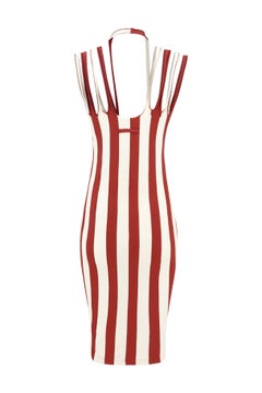 Jean Paul Gaultier Jeans degli anni '90, vestito midi in maglia a strisce rosse e crema con più cinturini