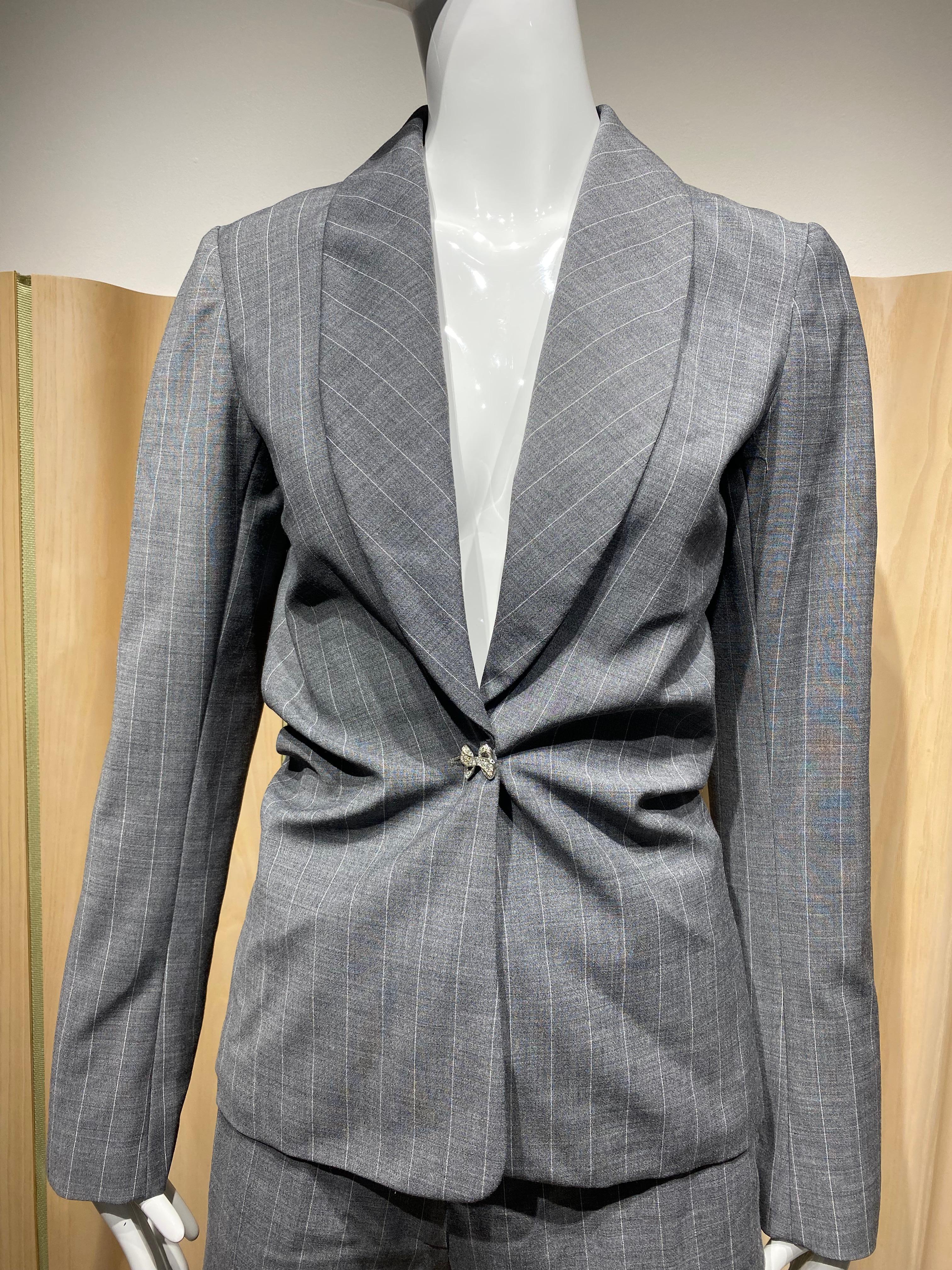 90s John Galliano Grey Pinstripes Pant Suit For Sale 5