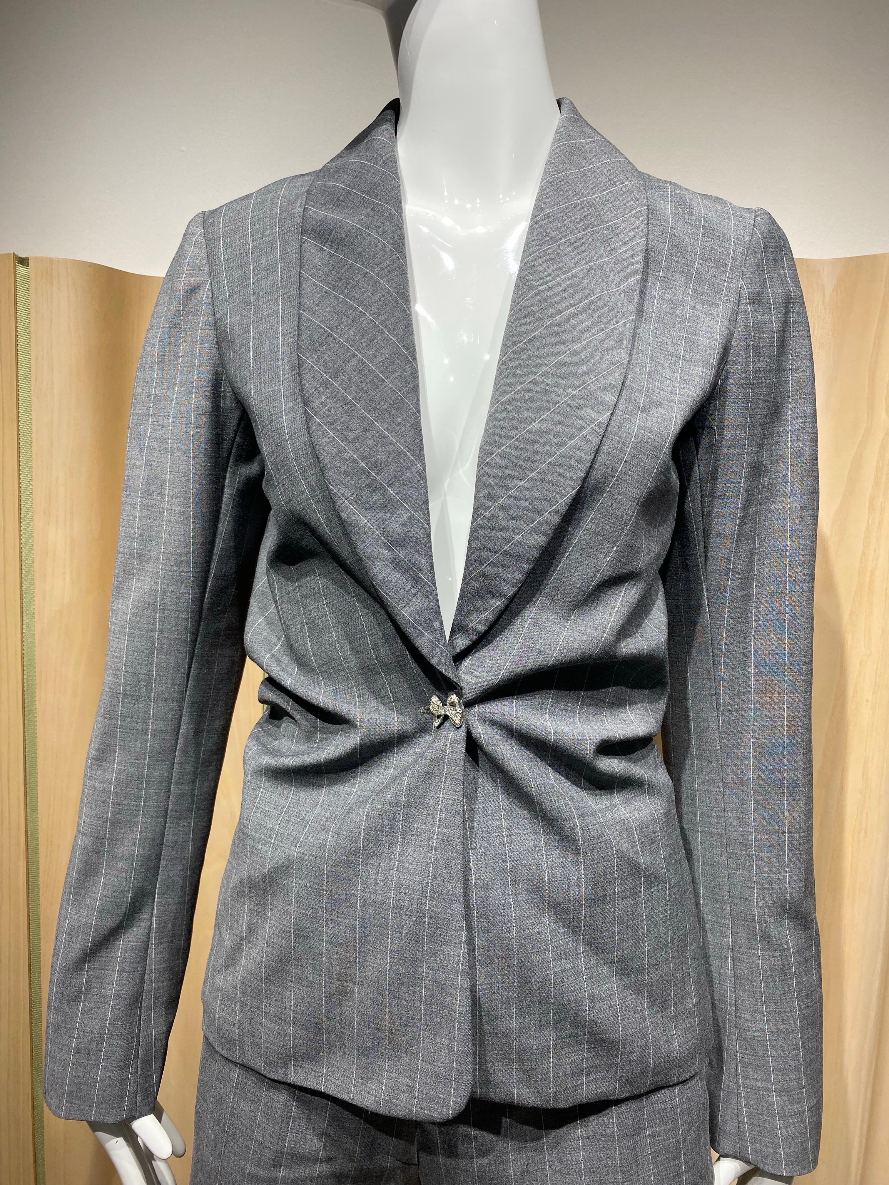 Gray 90s John Galliano Grey Pinstripes Pant Suit For Sale