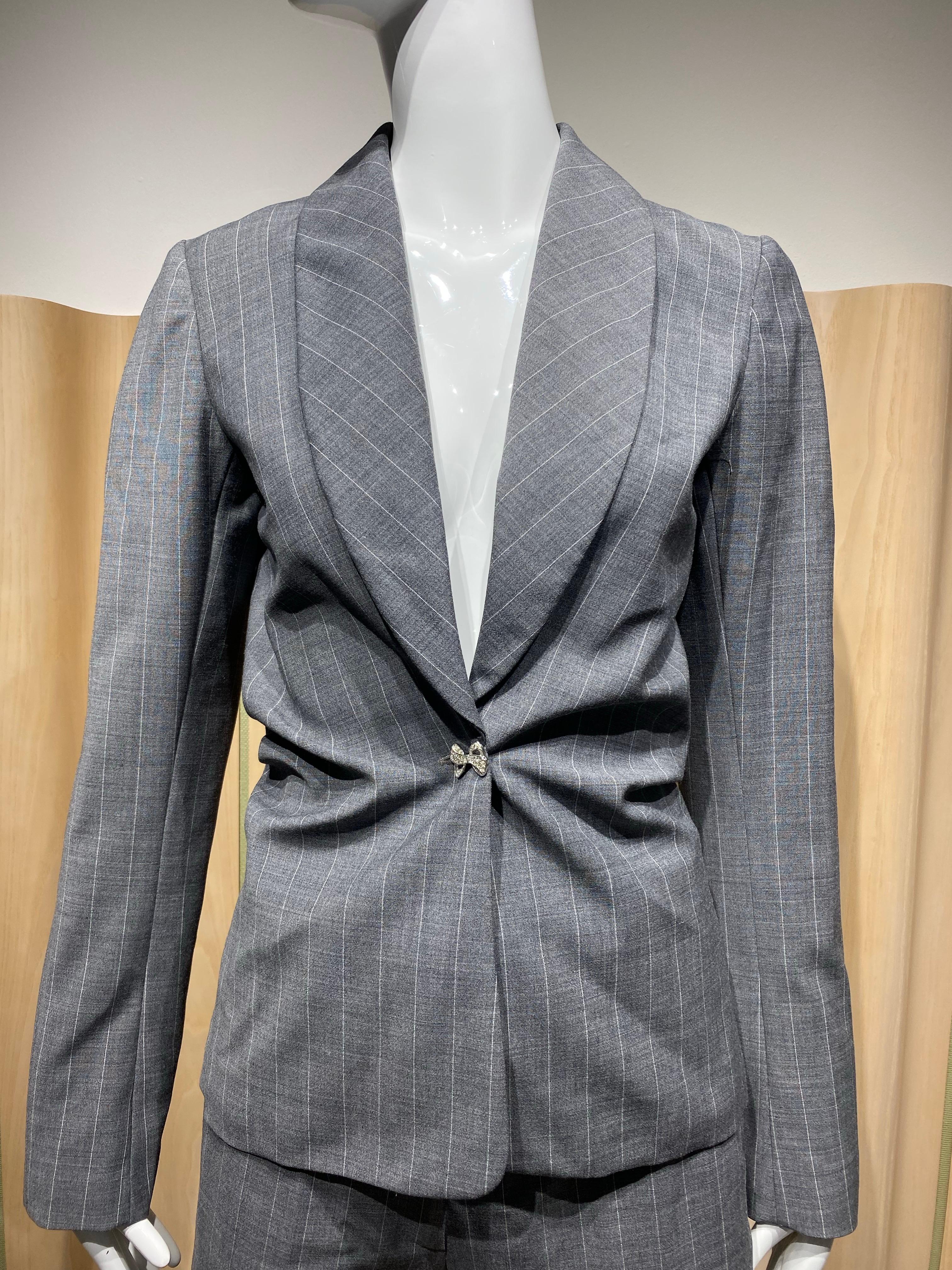 Women's 90s John Galliano Grey Pinstripes Pant Suit For Sale