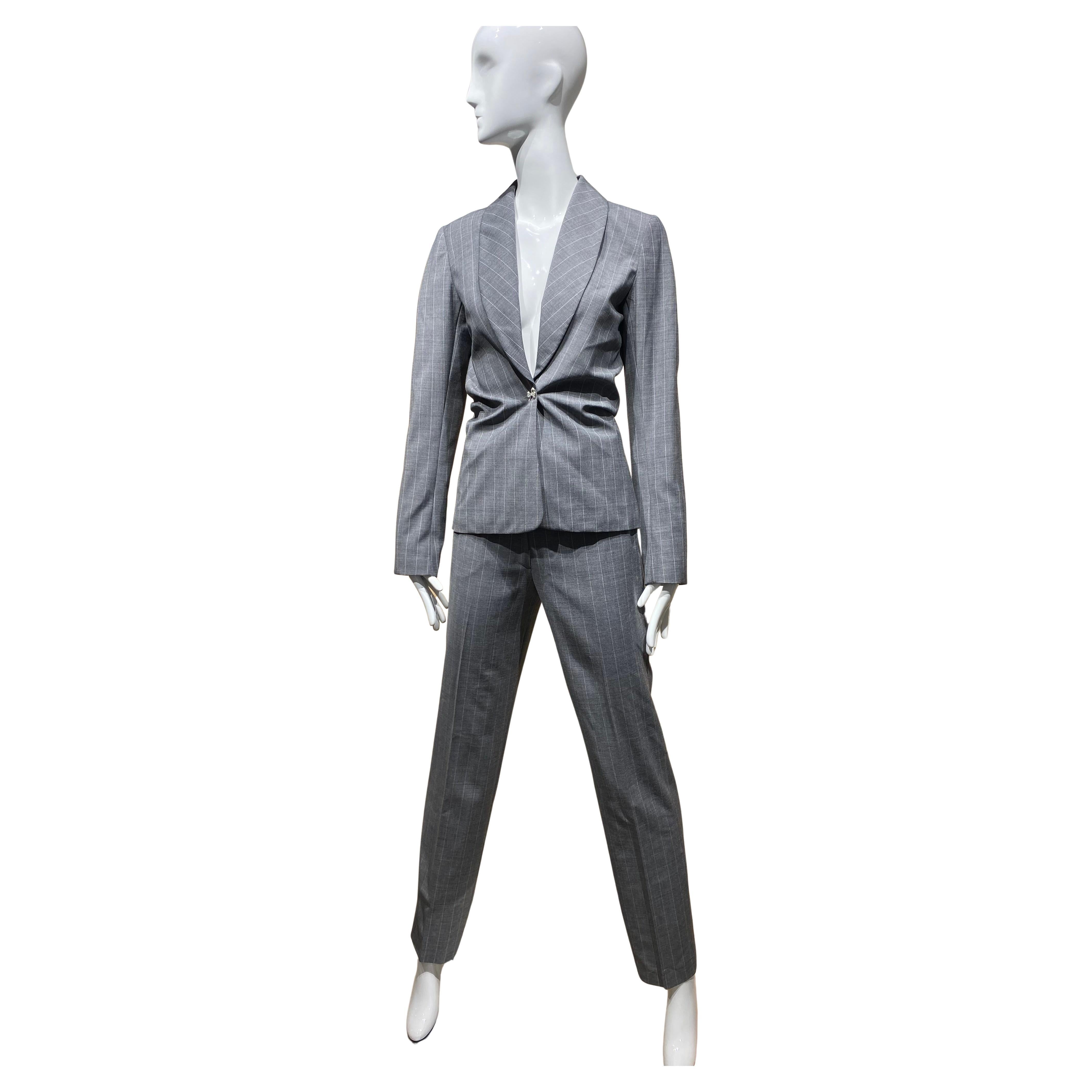 90s John Galliano Grey Pinstripes Pant Suit For Sale