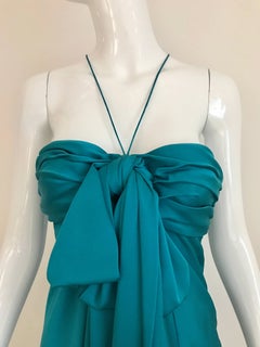 90s John Galliano Silk Charmeuse Peacock Teal Bow Bust Gown, Made in Italy
