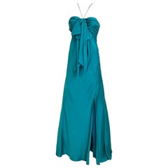 90s John Galliano Silk Charmeuse Peacock Teal Bow Bust Gown, Made in Italy