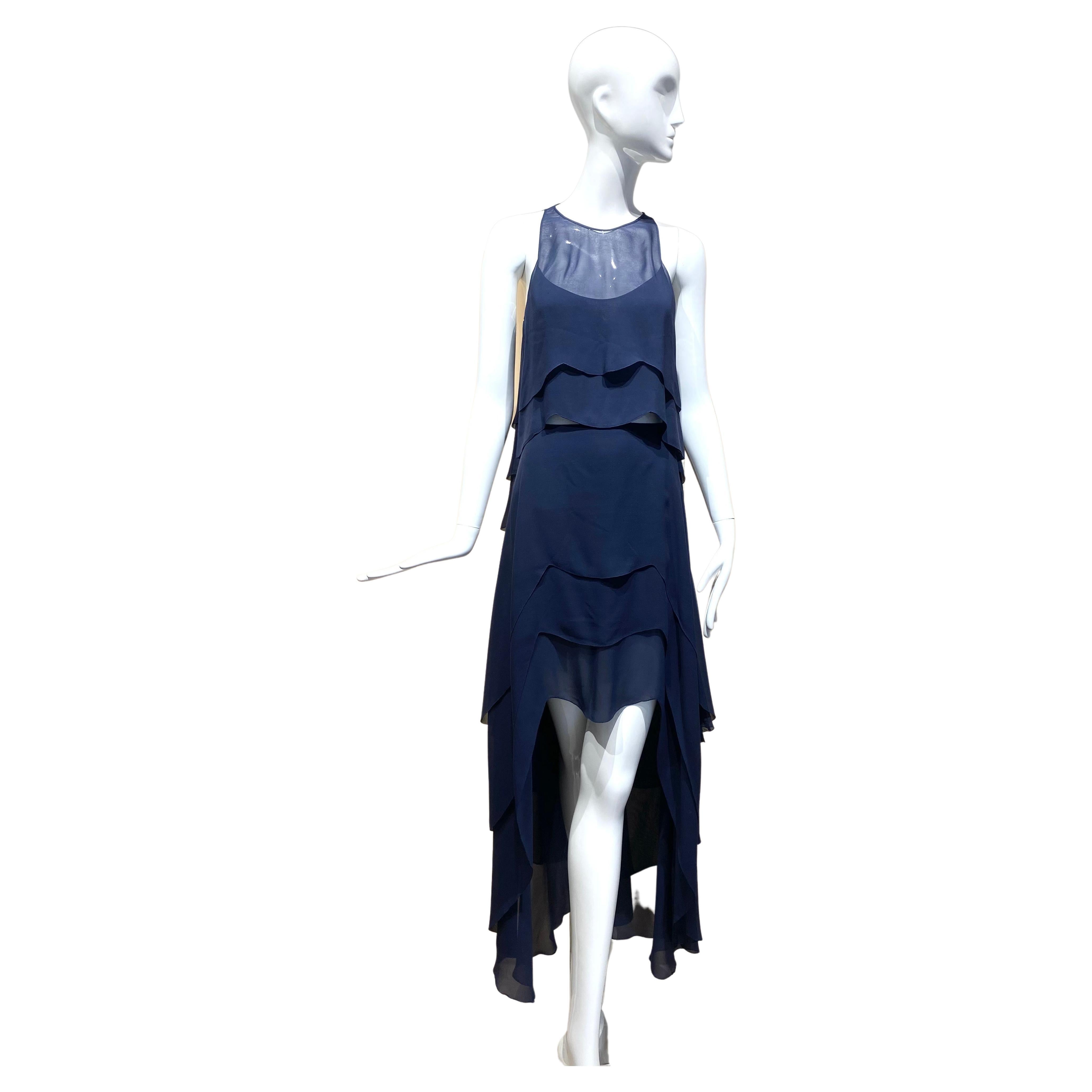90s Karl Lagerfeld Blue Sleeveless Blouse and Skirt Set For Sale