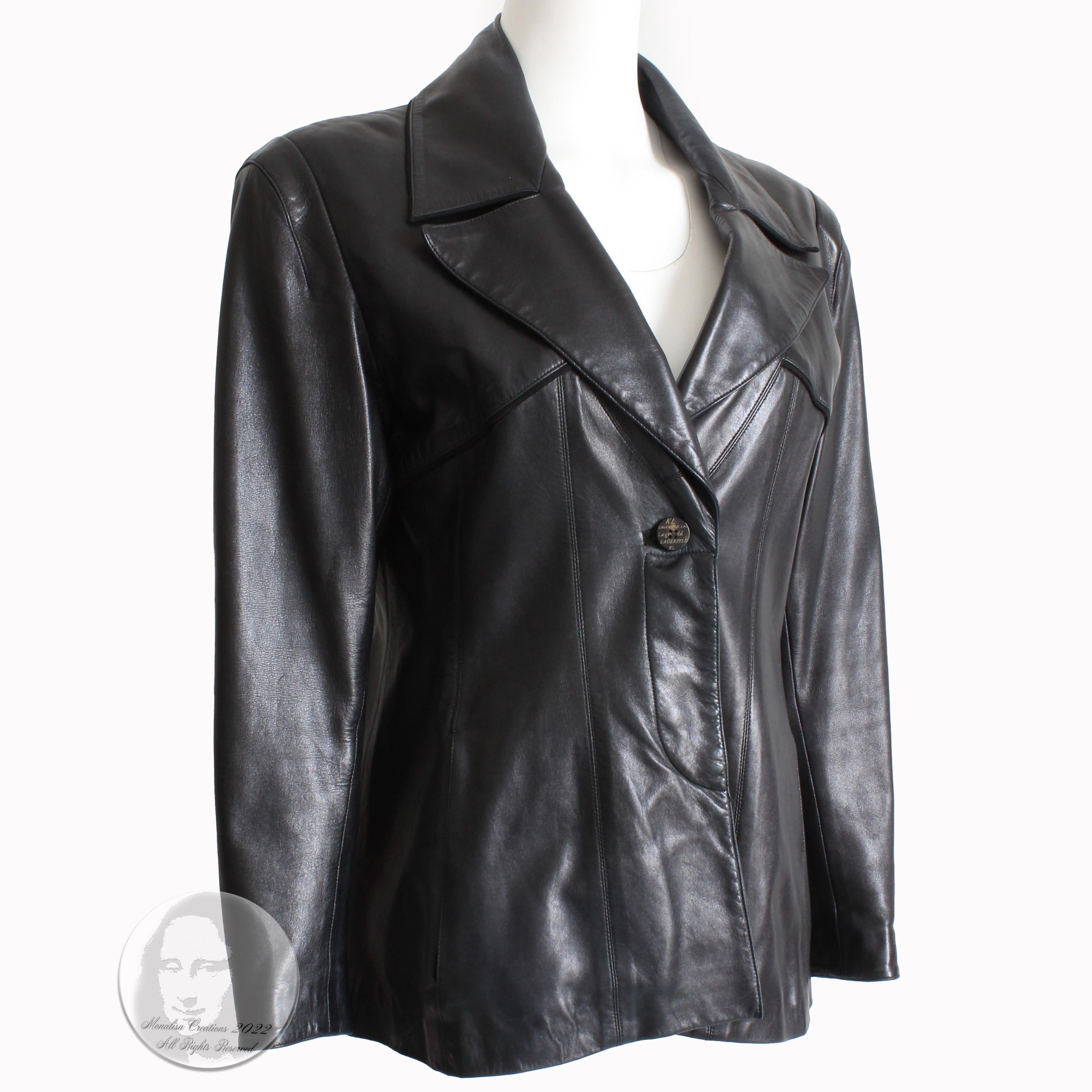 This incredibly supple black lambskin jacket was designed by Karl Lagerfeld and sold by Fred Hayman Beverly Hills, most likely in the 1990s.  Fred Hayman, also known as the 'Godfather of Rodeo Drive' was took over the original Giorgio Beverly Hills