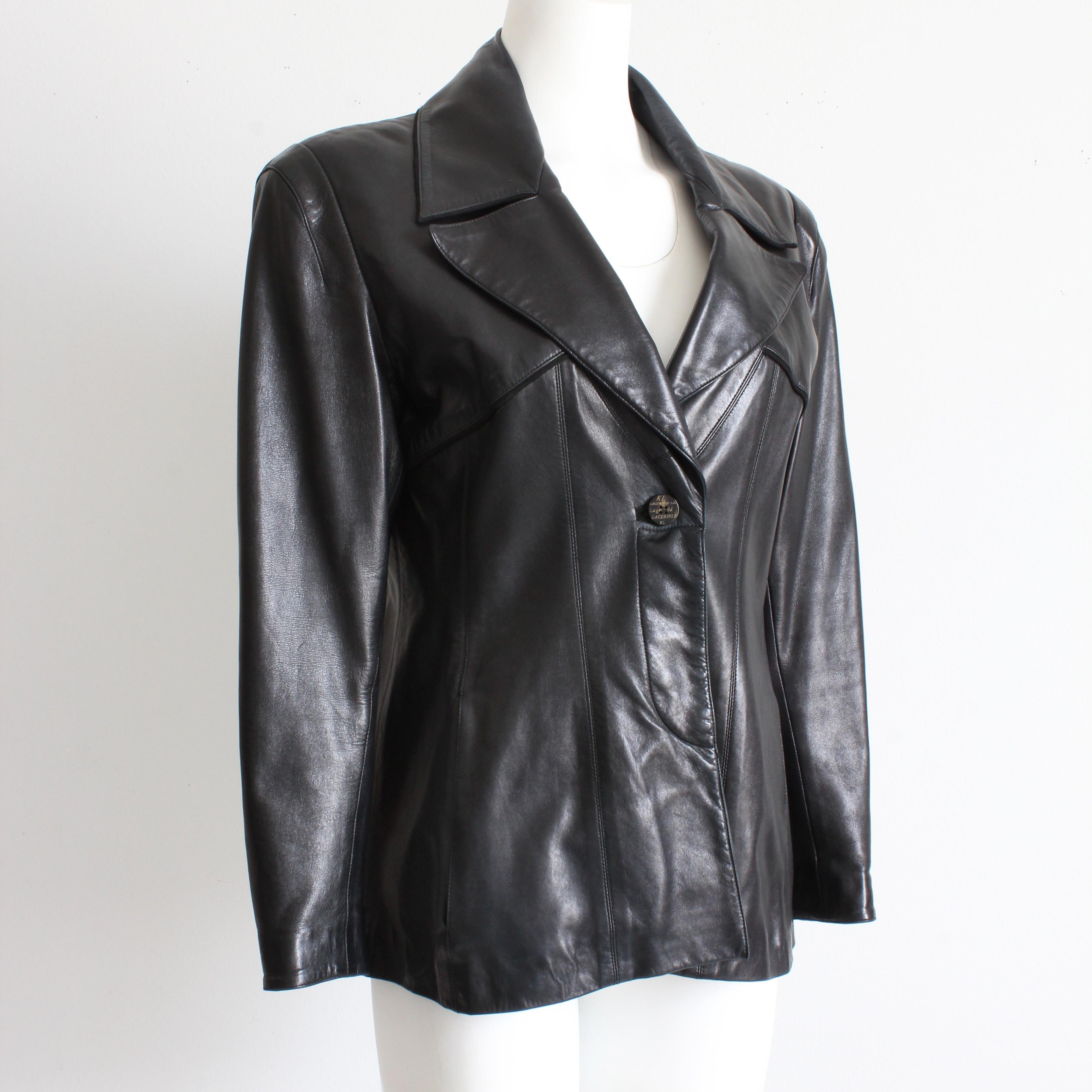 This incredibly supple black lambskin jacket was designed by Karl Lagerfeld and sold by Fred Hayman Beverly Hills, most likely in the 1990s.  Fred Hayman, also known as the 'Godfather of Rodeo Drive' was took over the original Giorgio Beverly Hills