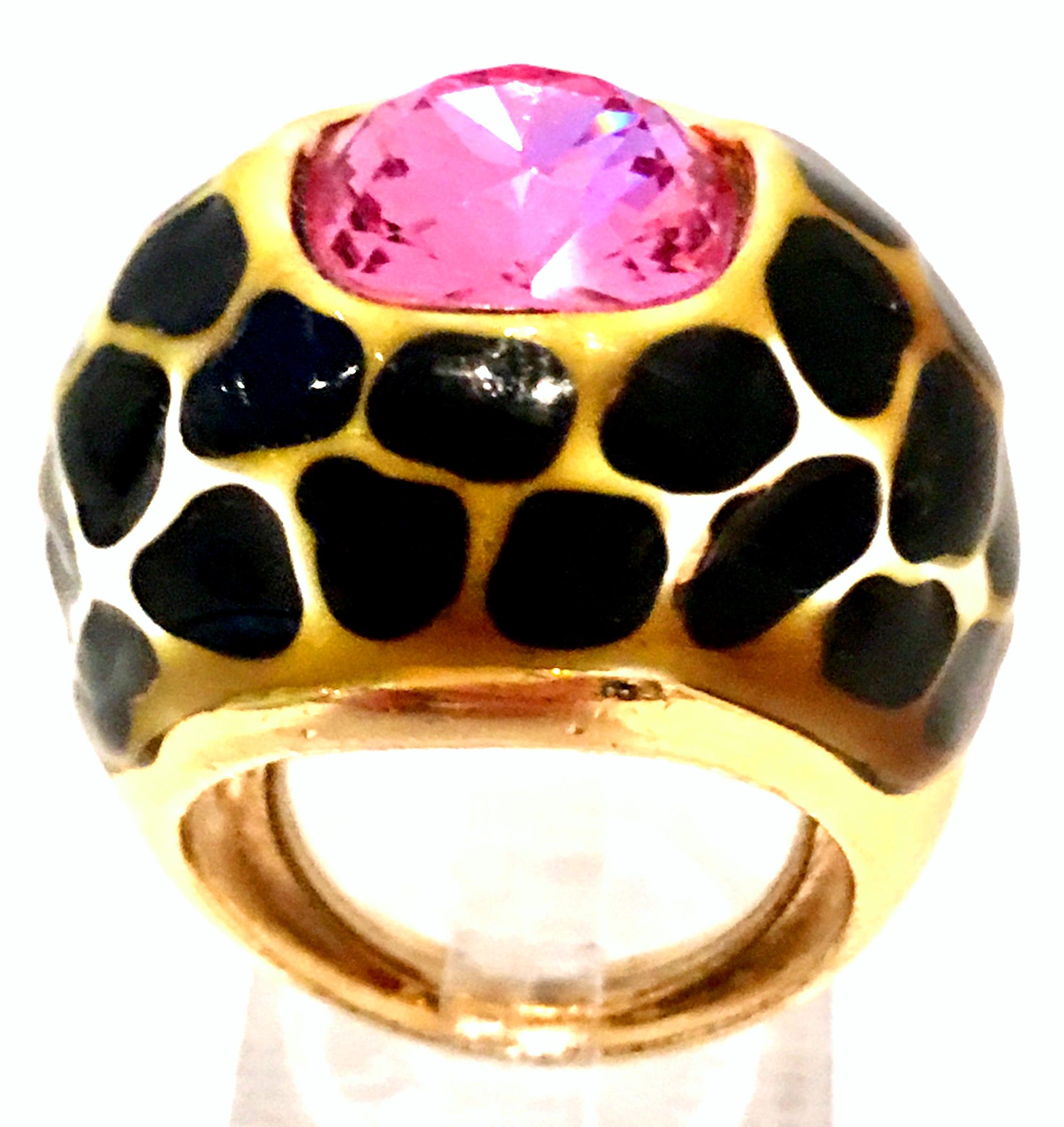 21st Century 22K Gold Plate & Black Enamel Leopard Print Swarovski Crystal Pink Sapphire Ring By, Kenneth Jay Lane. This coveted ring is an adjustable size, 7. Features a dome shape with central brilliant cut and faceted foil back Swarovski crystal