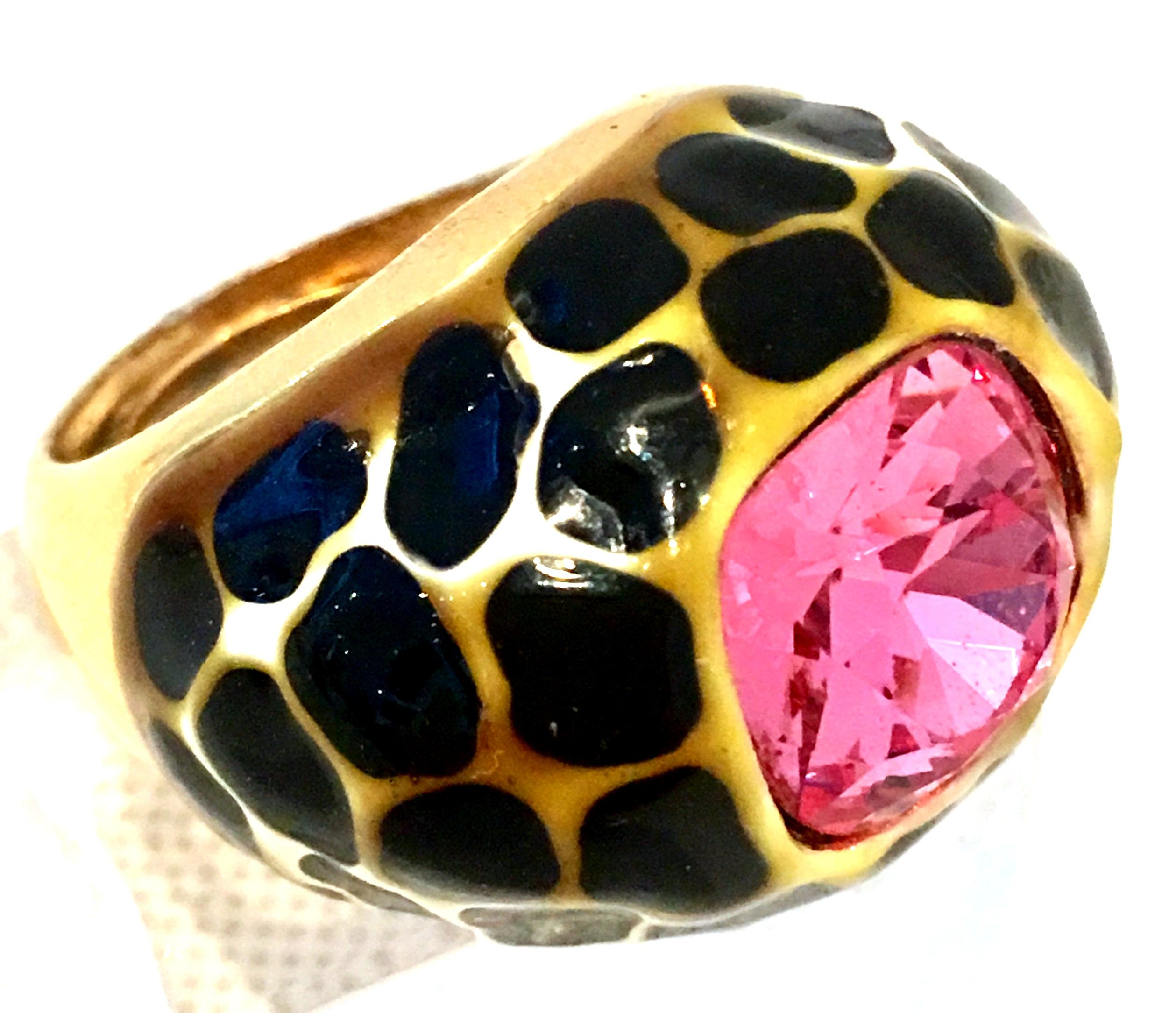 Modern 90'S Kenneth J Lane Black & Gold Enamel Swarovski Crystal Pink Sapphire Ring