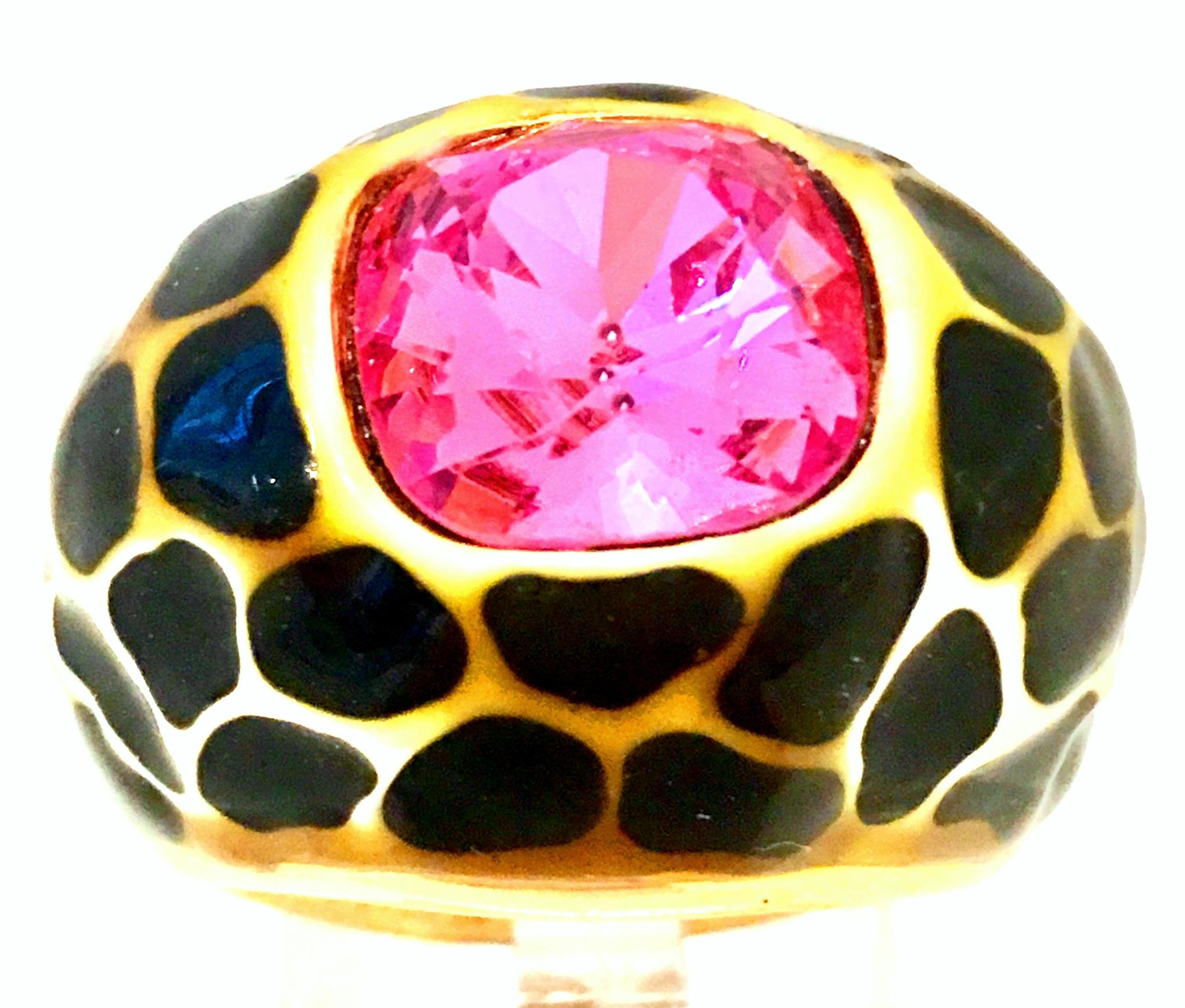 Women's or Men's 90'S Kenneth J Lane Black & Gold Enamel Swarovski Crystal Pink Sapphire Ring
