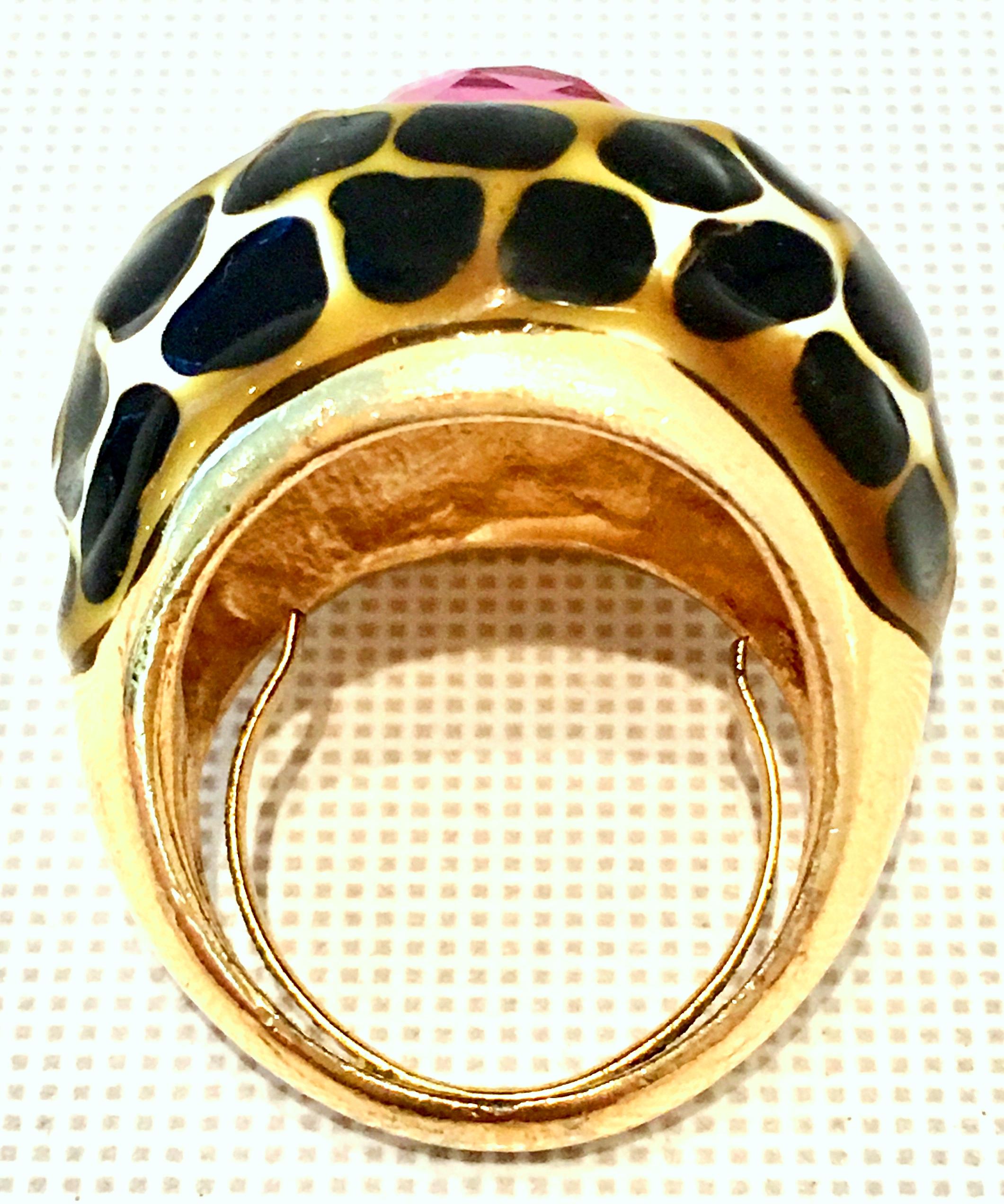 90'S Kenneth J Lane Black & Gold Enamel Swarovski Crystal Pink Sapphire Ring 1