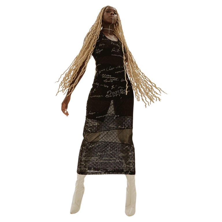 90s Kenzo Jeans Club Mesh Transparent Graffiti Black Lace Signature Maxi  Dress