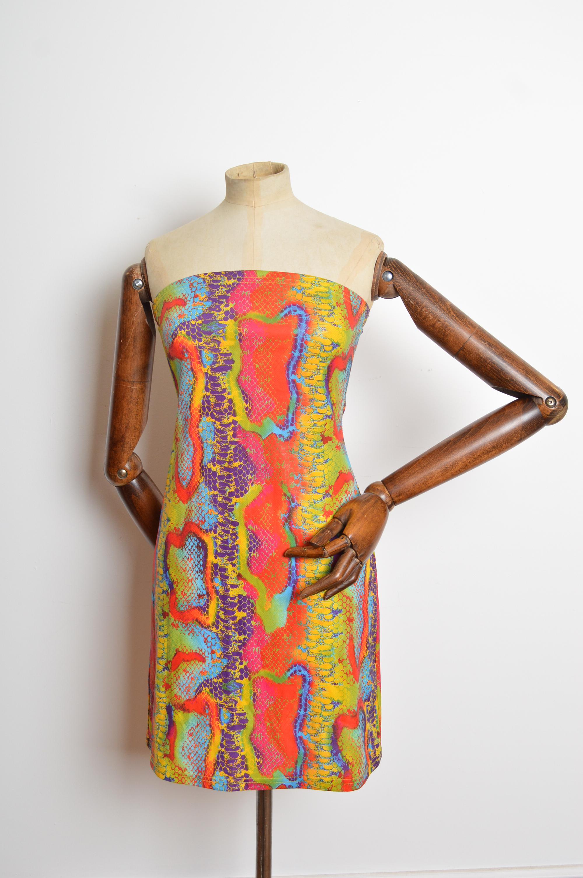 90er Jahre Made In USA Python Bandeau Buntes Trägerloses Regenbogen Minikleid im Angebot 1