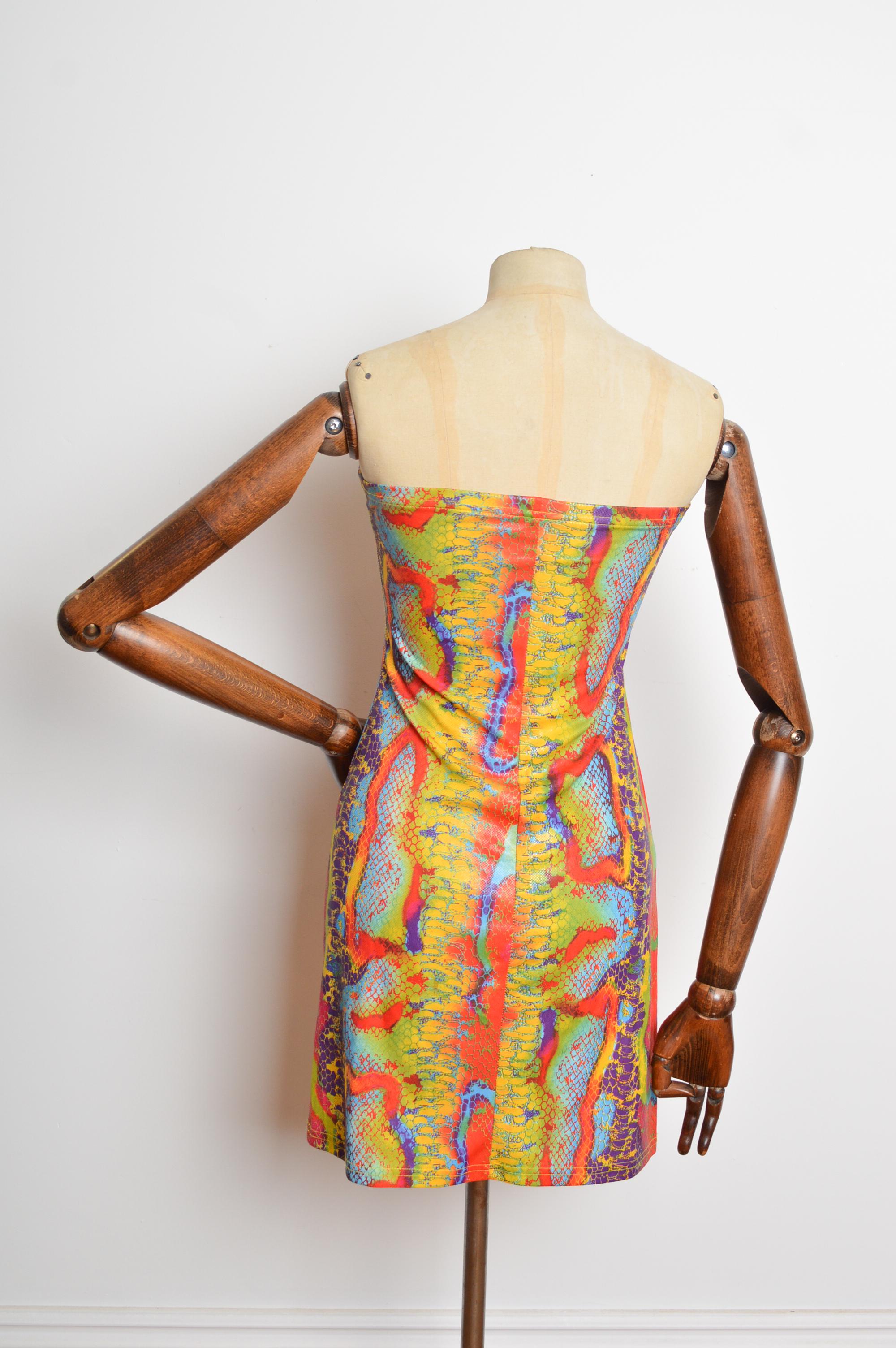 90er Jahre Made In USA Python Bandeau Buntes Trägerloses Regenbogen Minikleid im Angebot 2