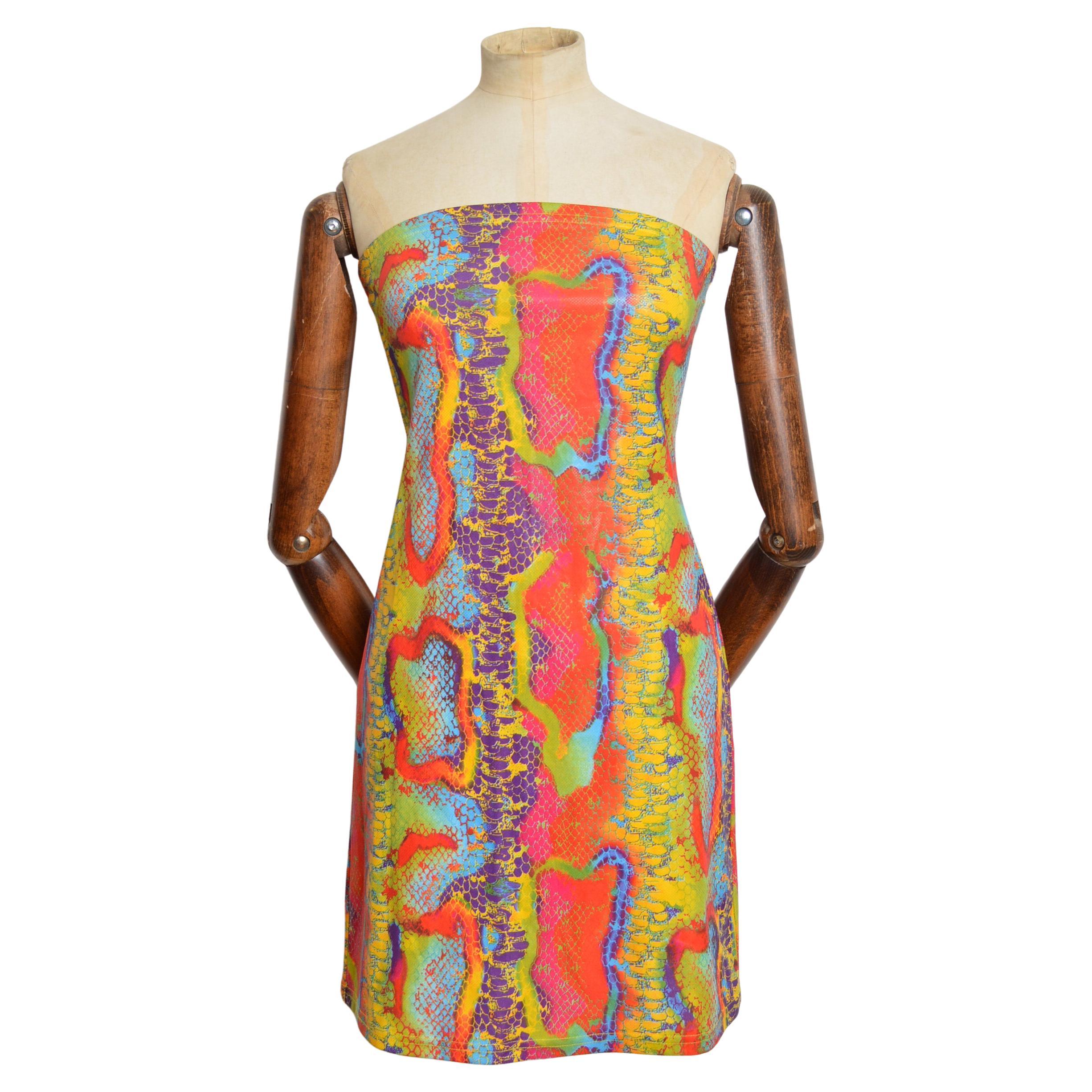 90er Jahre Made In USA Python Bandeau Buntes Trägerloses Regenbogen Minikleid im Angebot