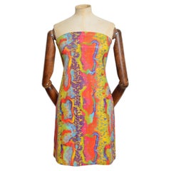 90er Jahre Made In USA Python Bandeau Buntes Trägerloses Regenbogen Minikleid