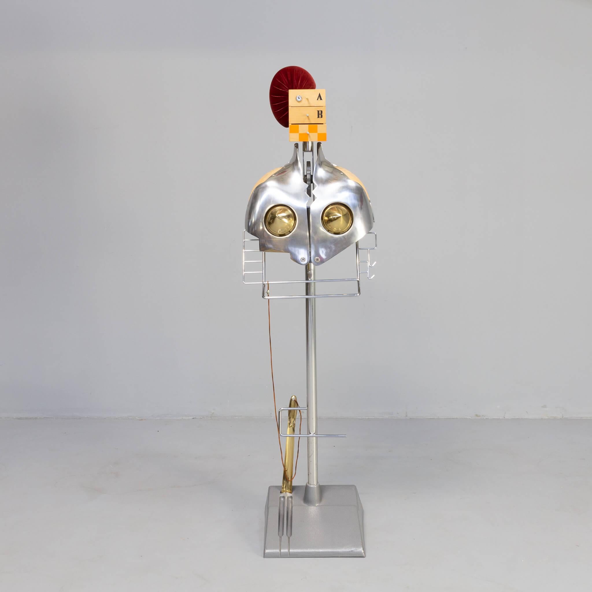 Amazing life size dress boy or servo muto from designer Marc Sadler for Italian high end company Boffi.
This work of art is called ‘Gaston’. A true and stunning piece of art. Heavy and large. Metal with chrome. Drawers of massive wood. Top (for hat)