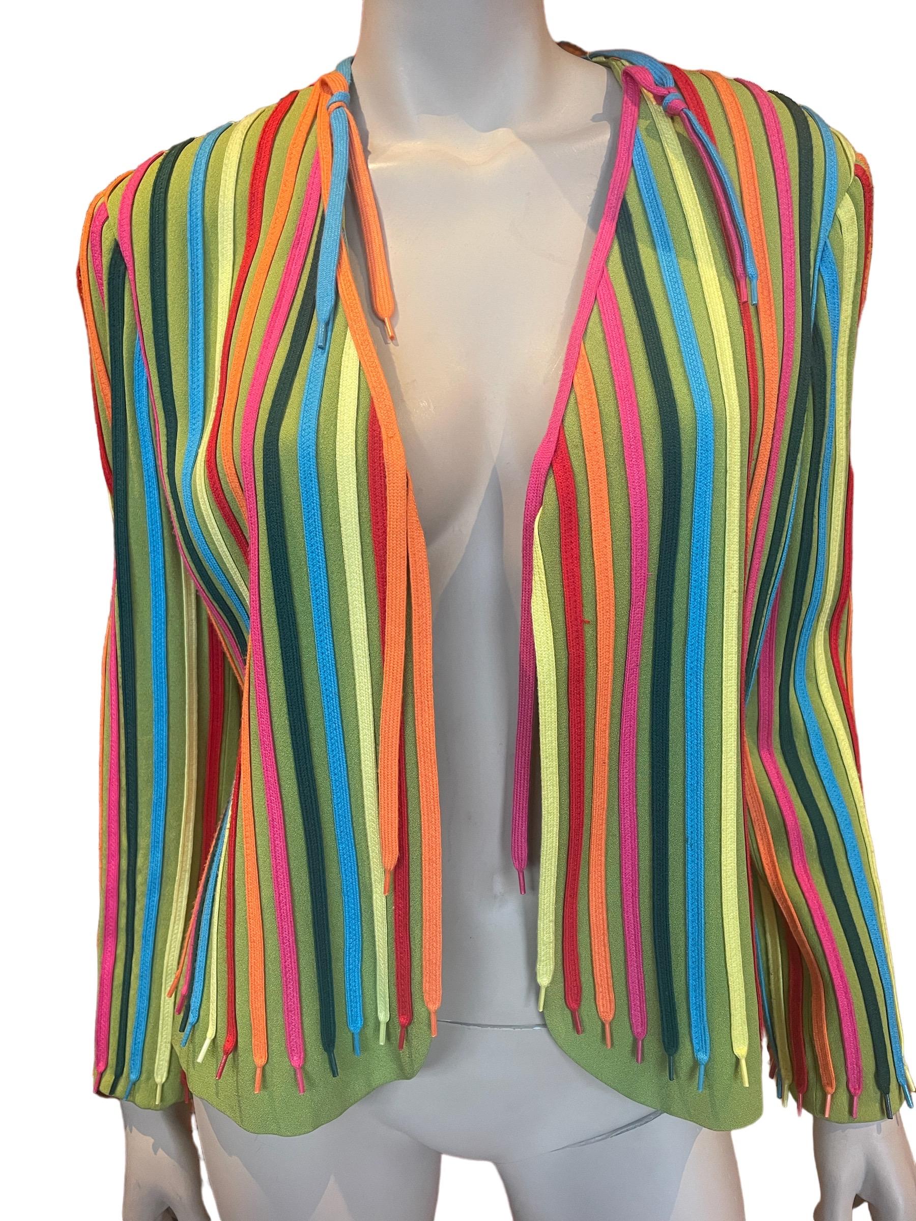 90s Moschino Cheap and Chic Rainbow Shoelace Blazer 

Amazing and rare Moschino piece from the 1990s. Rainbow shoe lace sewed into green blazer.
