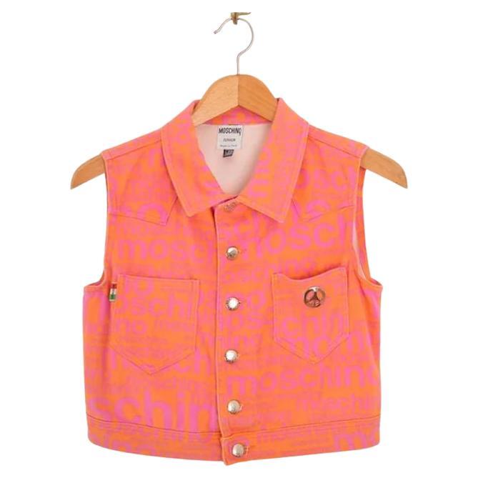 90's Moschino 'Off Key' Pink & Orange Sleeveless Crop Top Pattern Jacket For Sale