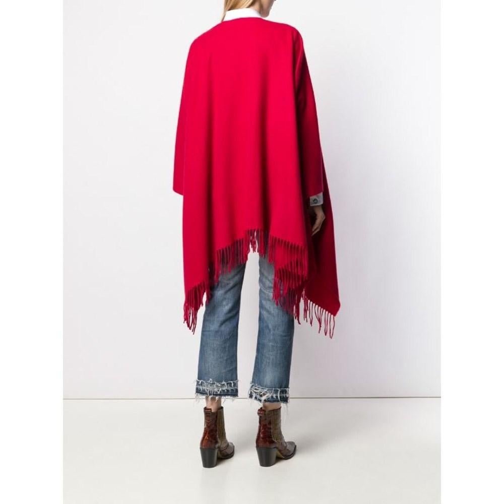 Red 90s Moschino red wool cape with fringes and logo