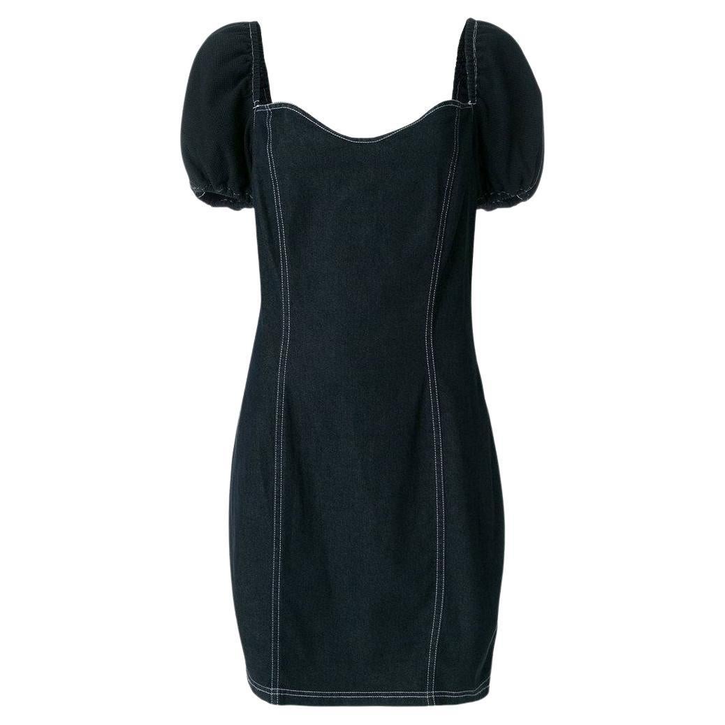 90s Moschino Vintage black denim dress with white details For Sale