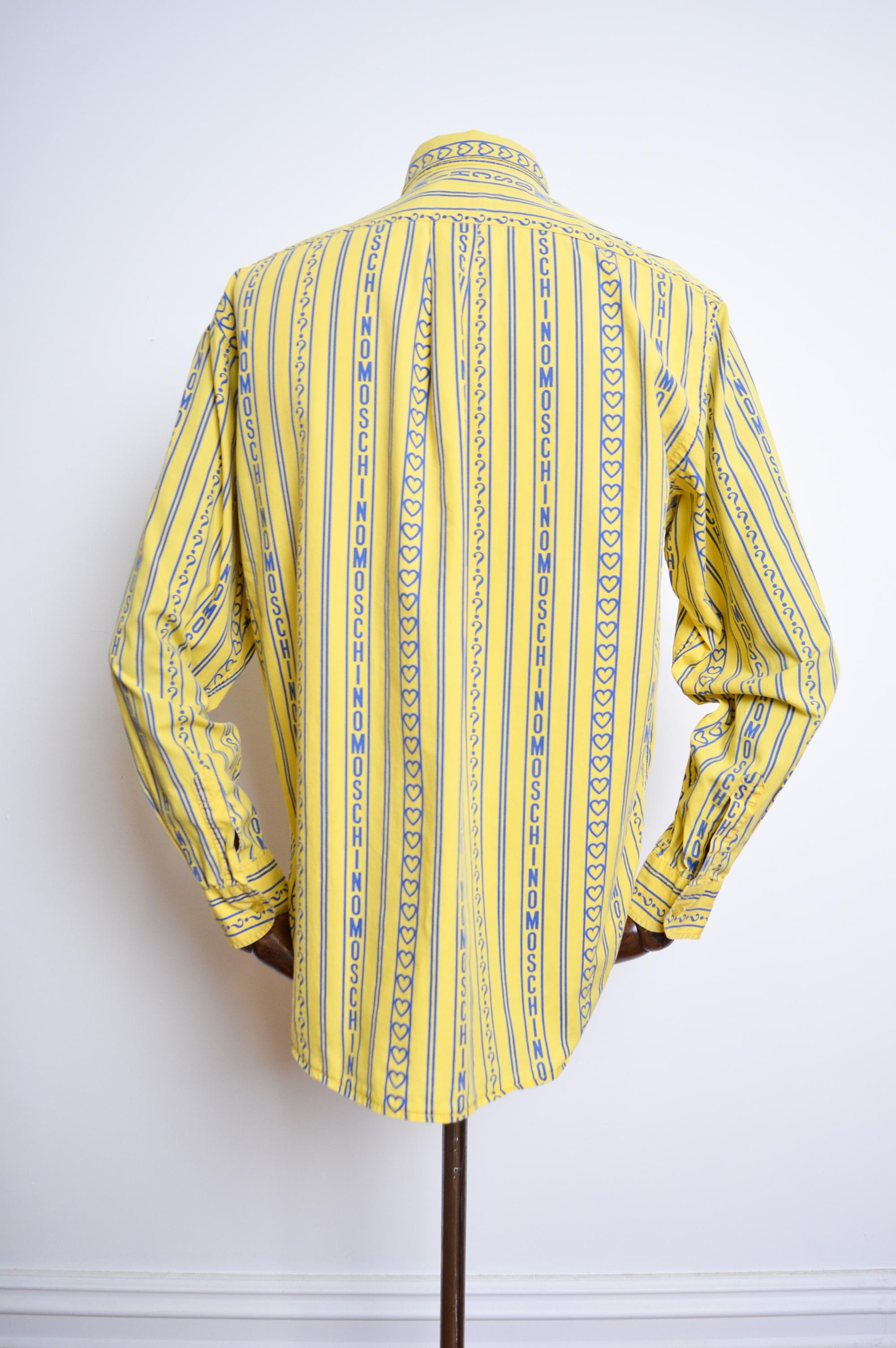 90's Moschino Vintage Yellow & Blue repeat Logo print long sleeve Shirt For Sale 6