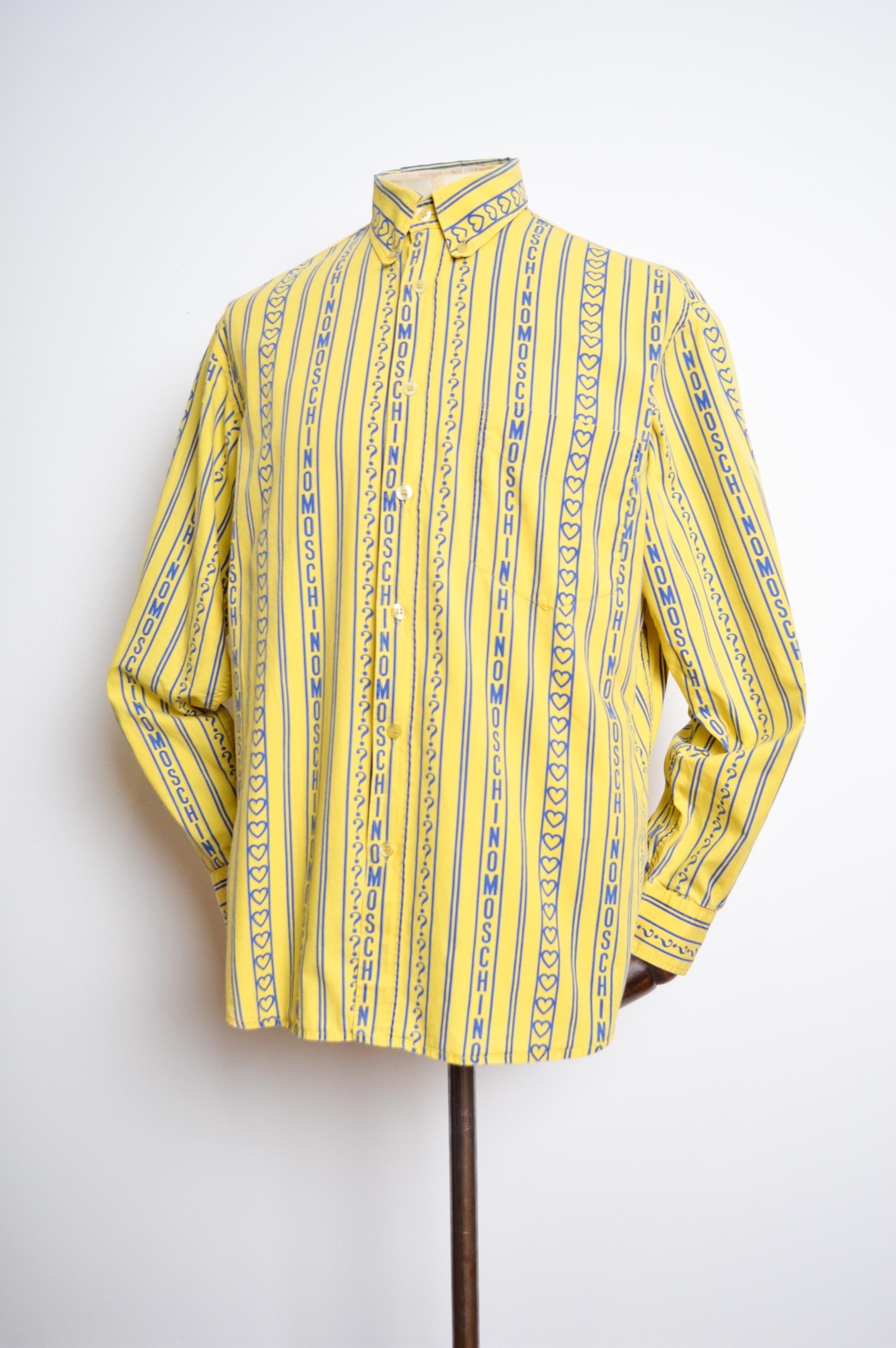 90's Moschino Vintage Yellow & Blue repeat Logo print long sleeve Shirt In Good Condition For Sale In Sheffield, GB